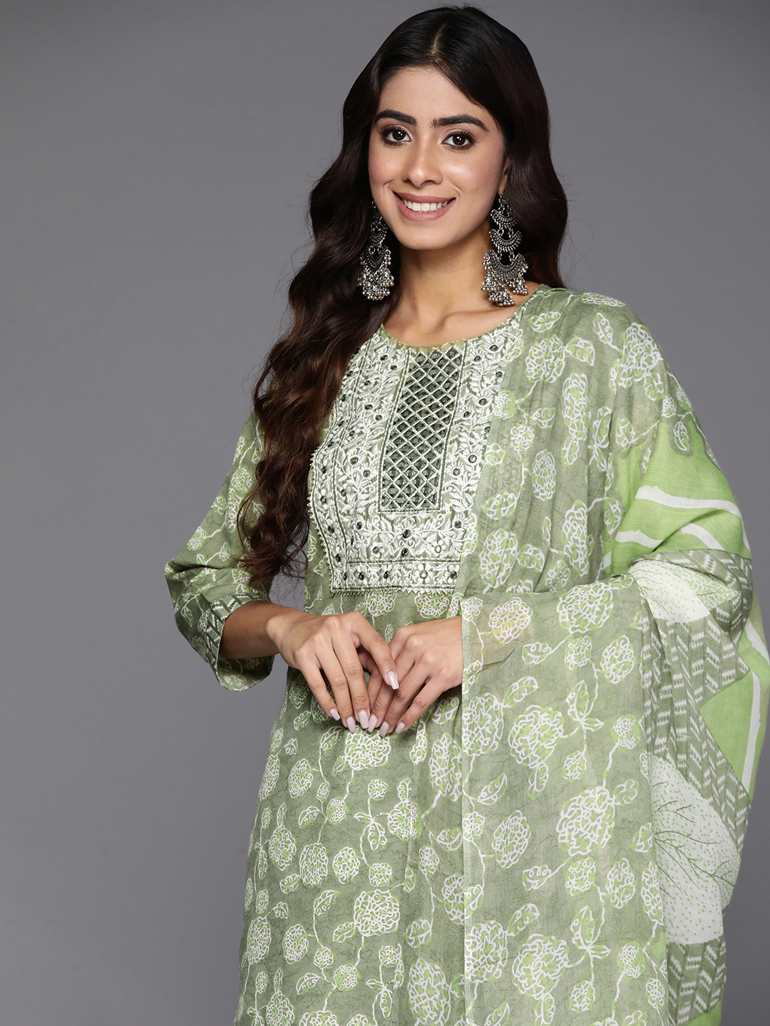 

Indo Era Women Floral Yoke Design Regular Mirror Work Cotton Kurta with Trousers & Dupatta, Green