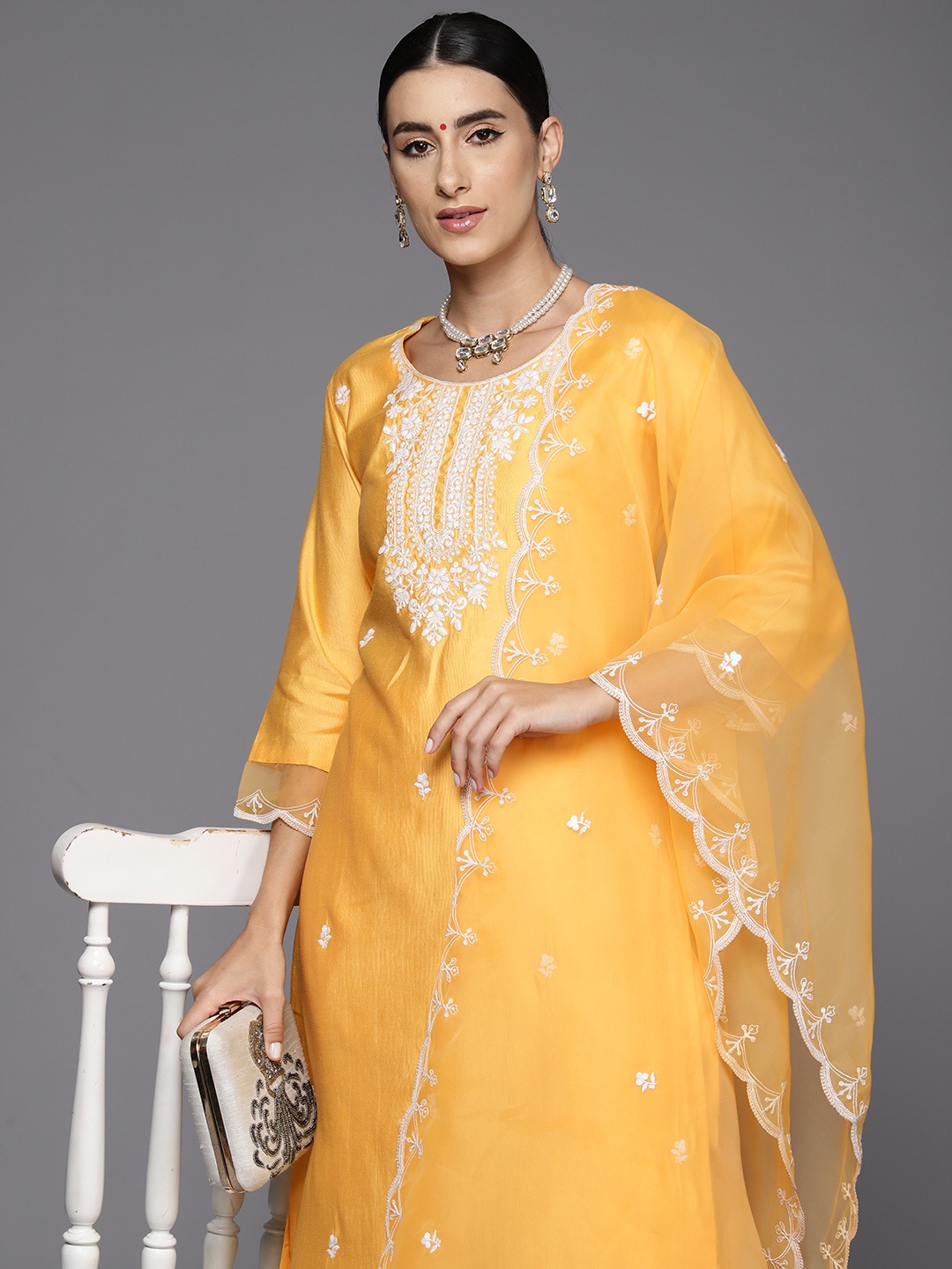 

Indo Era Women Floral Embroidered Regular Thread Work Kurta with Trousers & Dupatta, Yellow