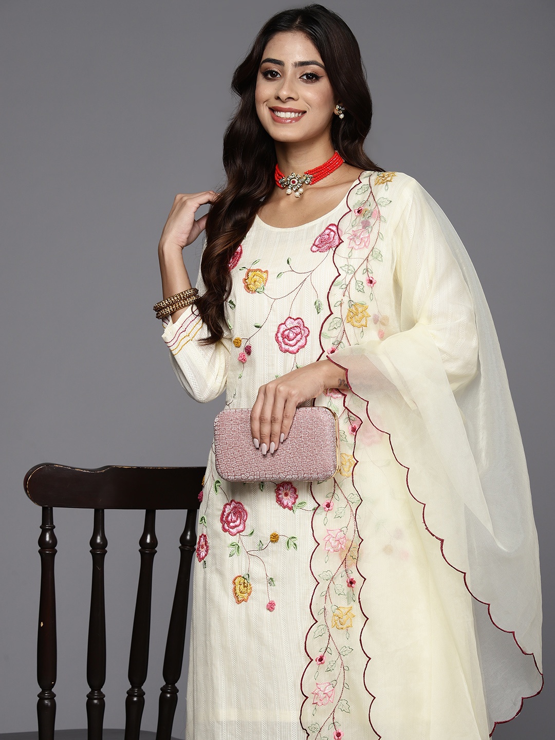 

Indo Era Women Floral Embroidered Thread Work Pure Cotton Kurta with Trousers & Dupatta, Cream