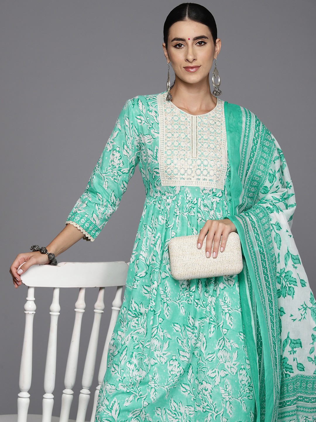 

Indo Era Women Floral Embroidered Empire Pure Cotton Kurta with Trousers & Dupatta, Sea green