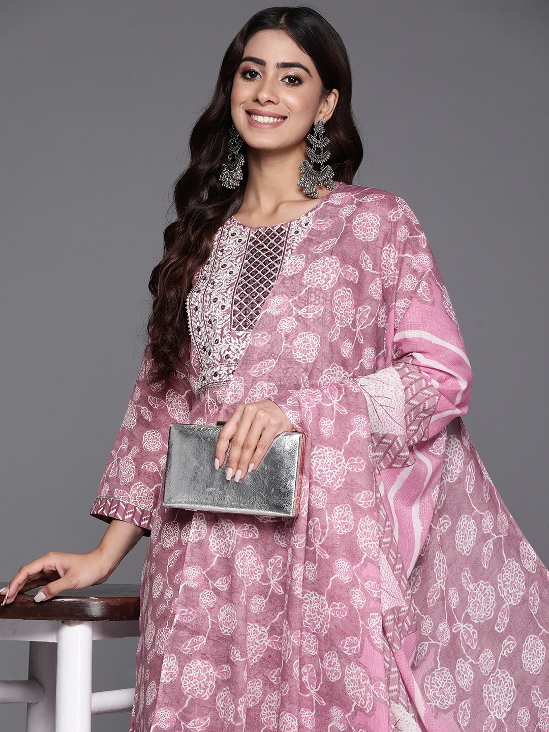 

Indo Era Women Floral Yoke Design Regular Mirror Work Cotton Kurta with Trousers & Dupatta, Lavender