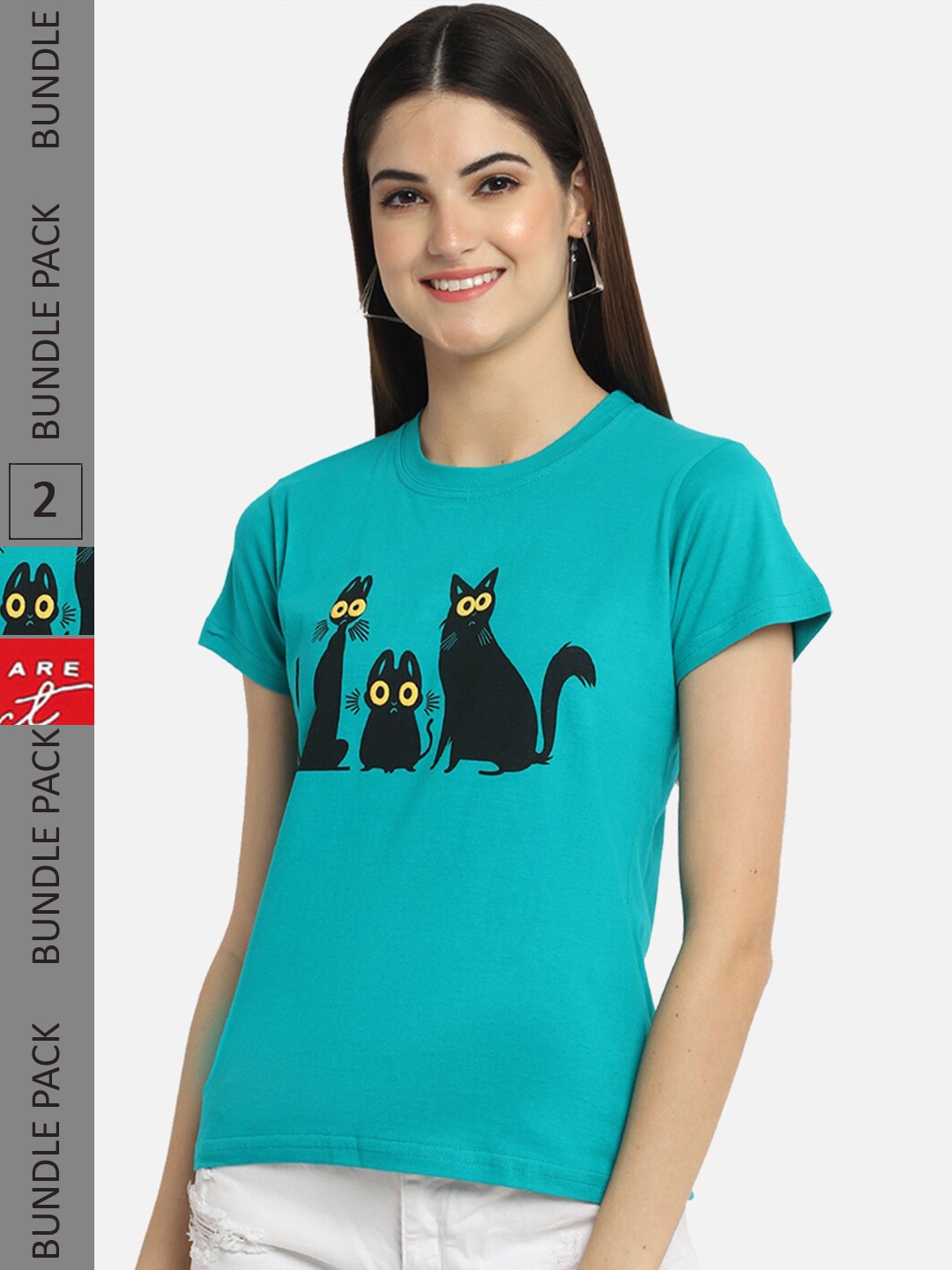 

BAESD Pack Of 2 Printed Cotton T-shirt, Turquoise blue
