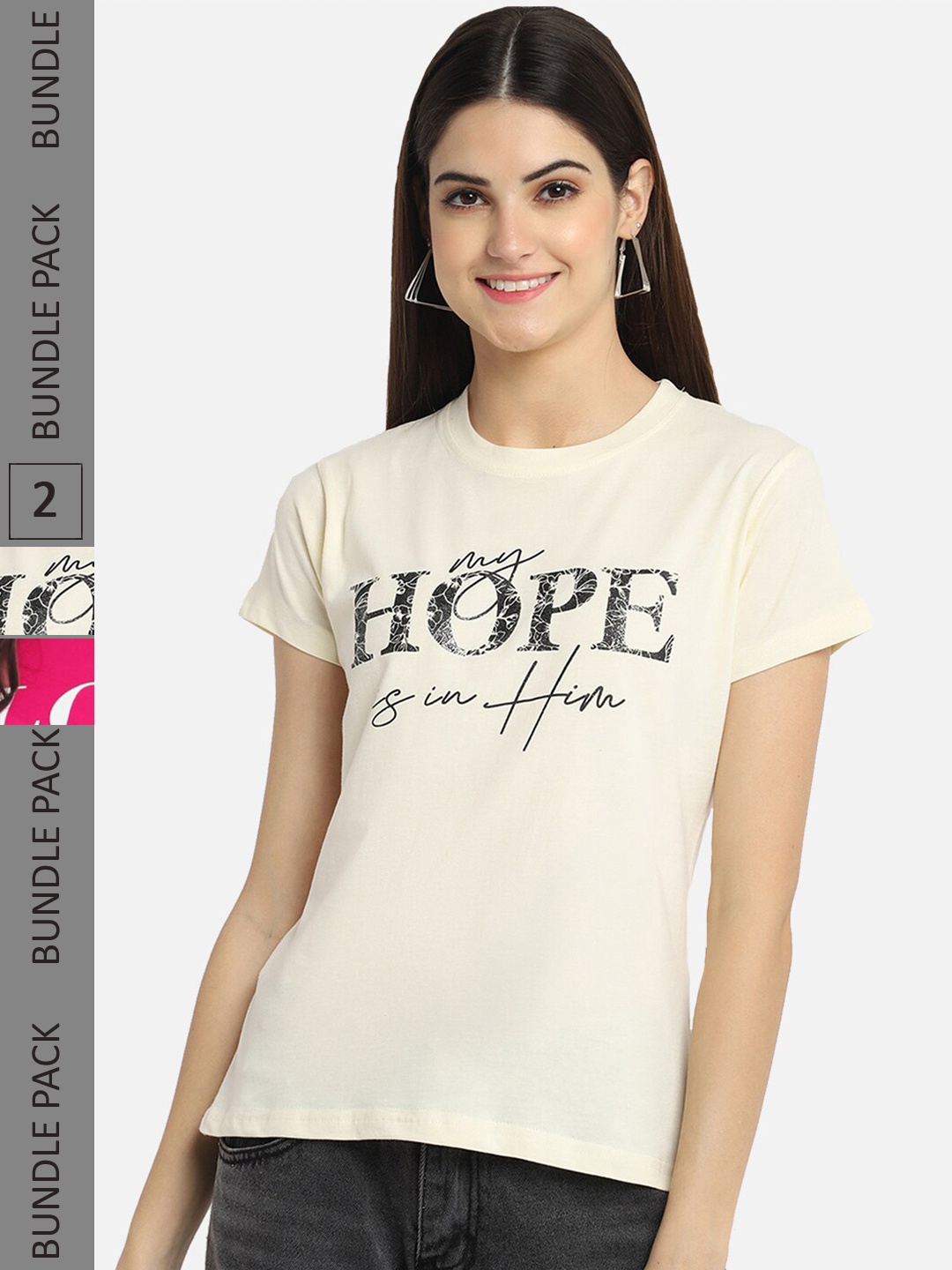 

BAESD Pack Of 2 Typography Printed Cotton T-shirt, Cream
