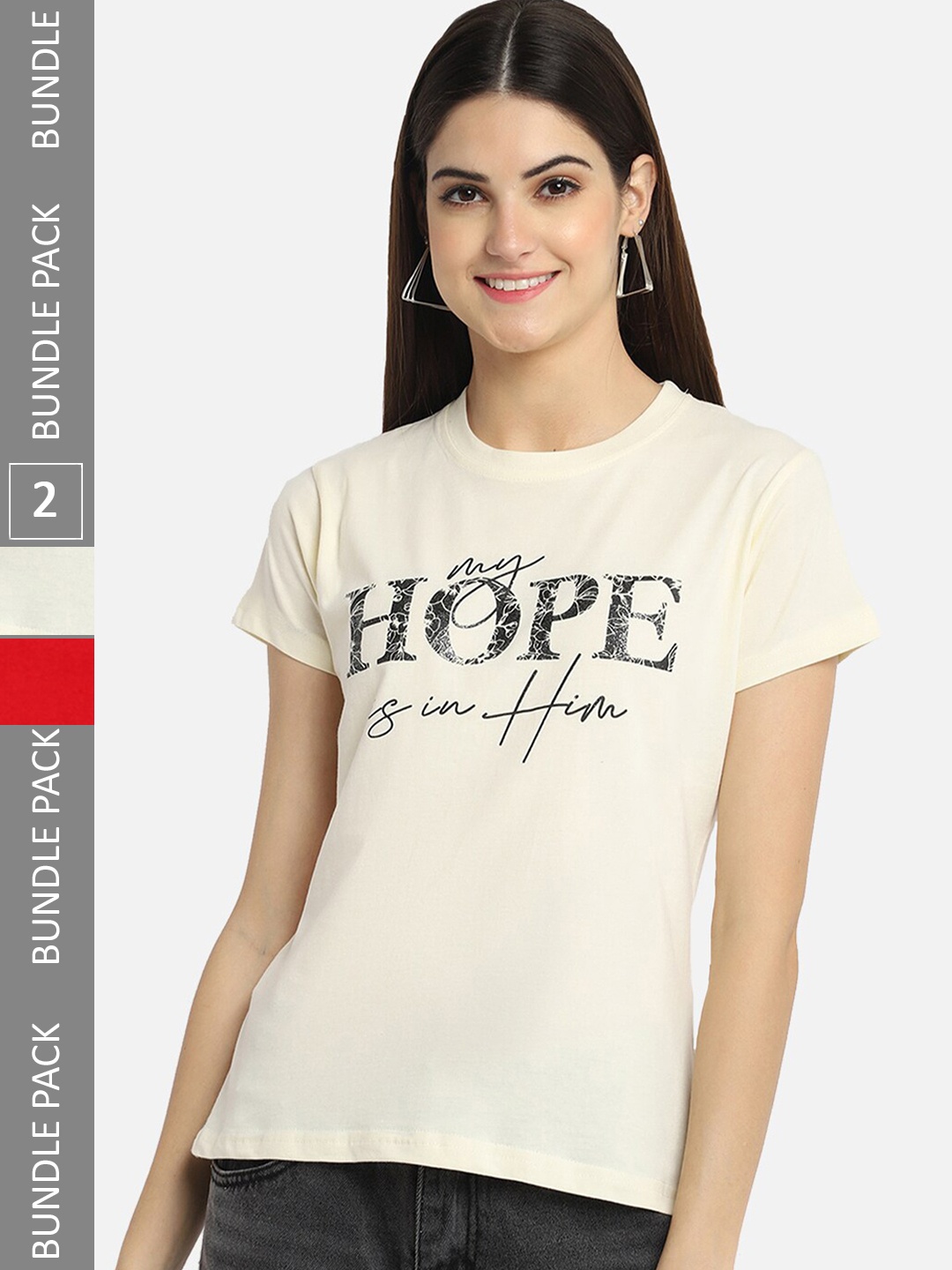 

BAESD Pack Of 2 Typographic Printed Cotton T-shirt, Cream