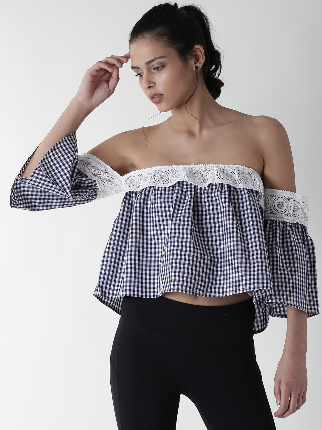 

FOREVER 21 Women Navy Blue & White Checked Crop Bardot Pure Cotton Top with Lace Inserts