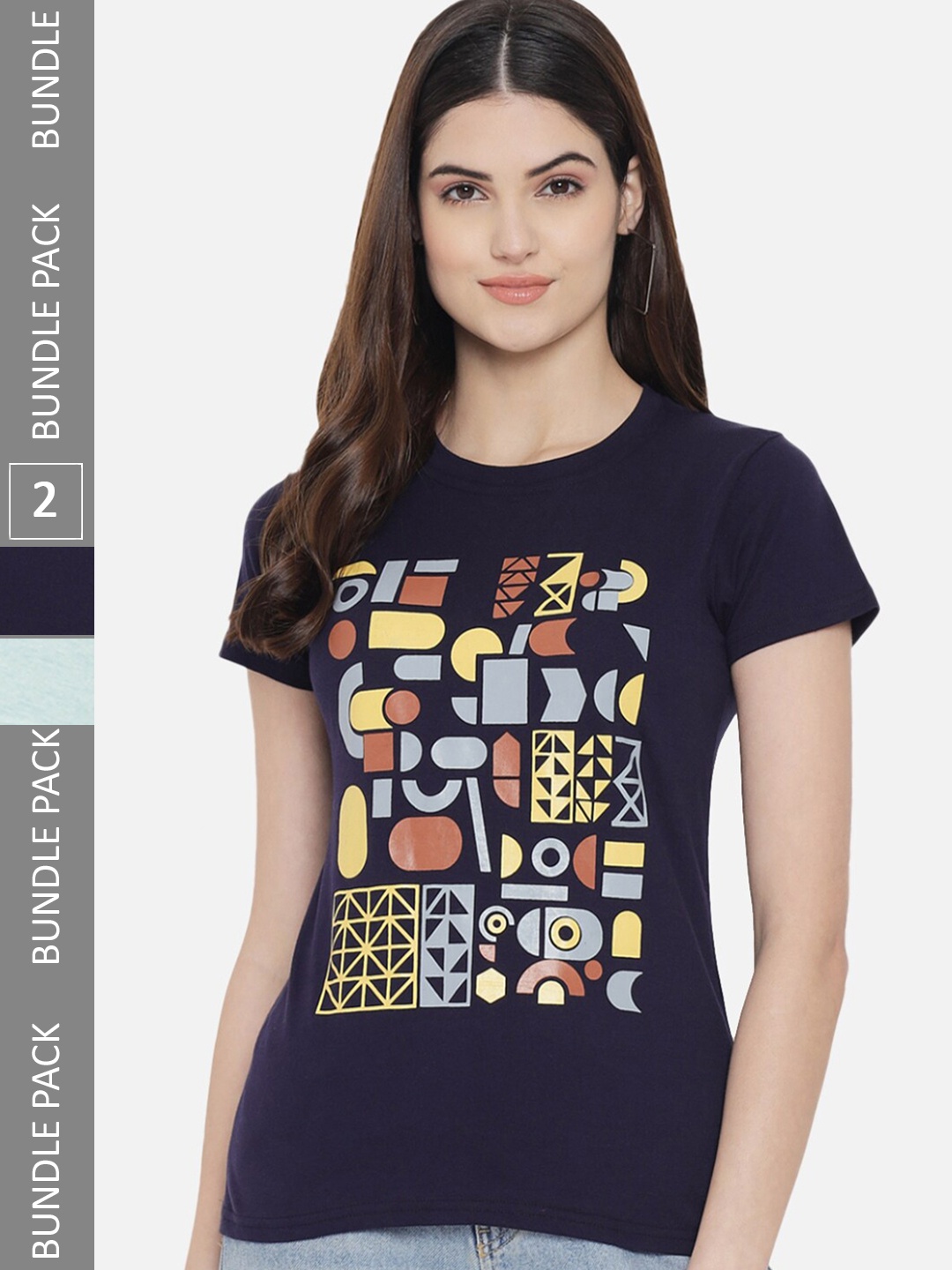 

BAESD Pack Of 2 Geometric Printed Cotton T-shirt, Navy blue