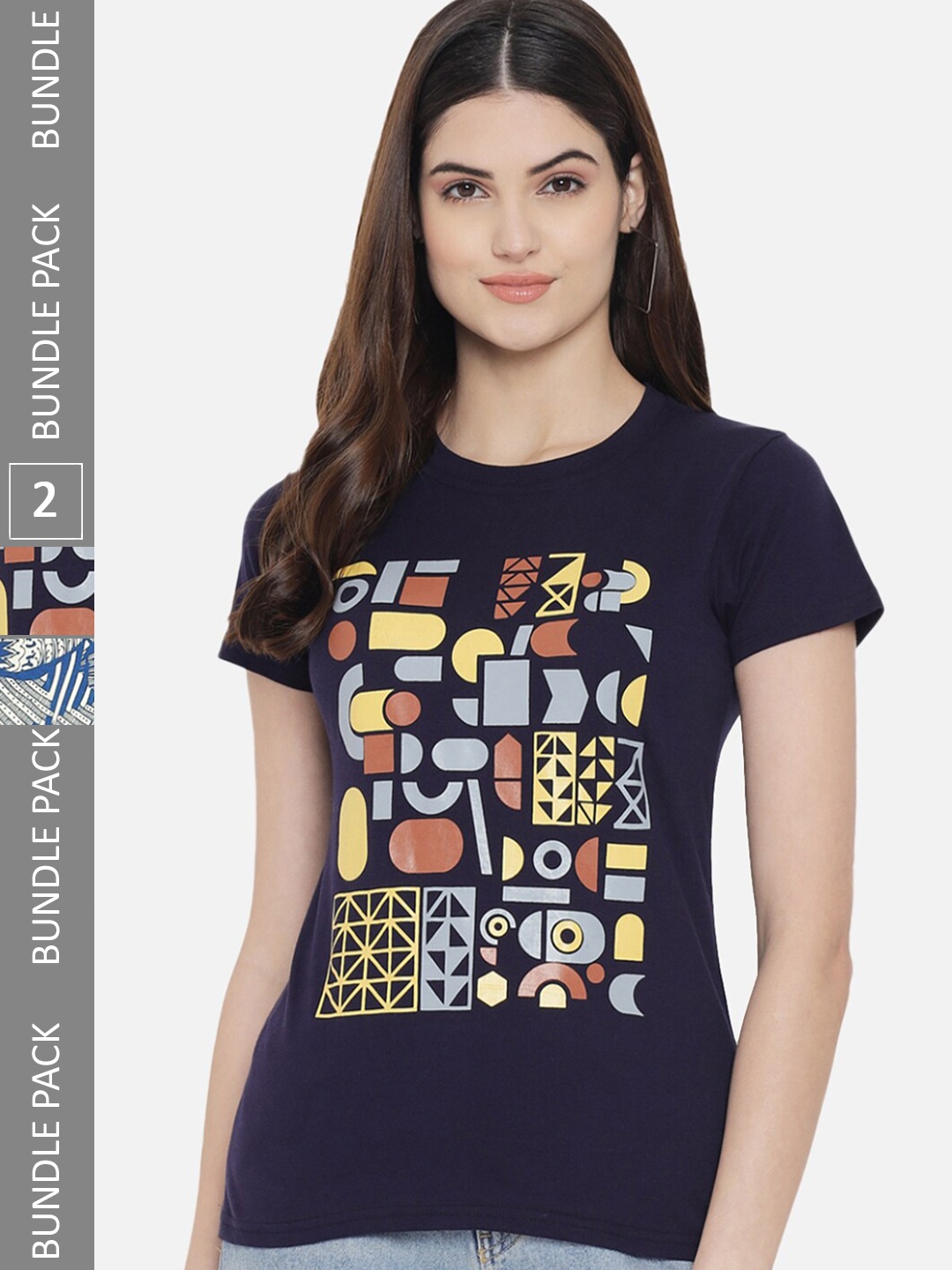 

BAESD Pack Of 2 Geometric Printed Cotton T-shirt, Navy blue