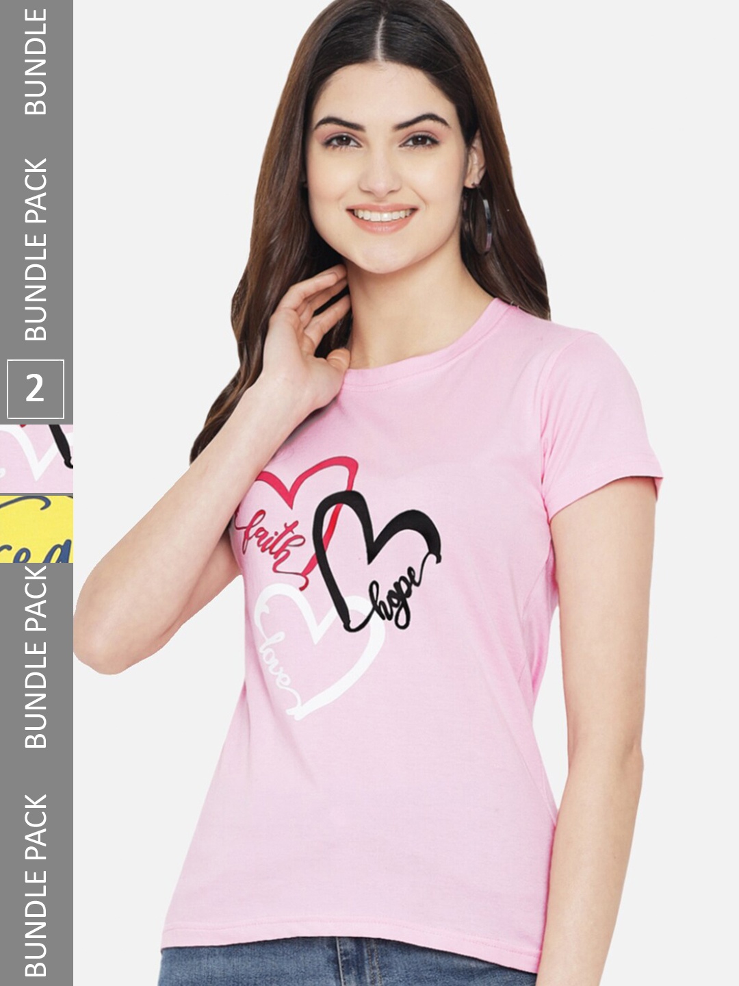 

BAESD Pack Of 2 Printed Round Neck Cotton Regular T-shirt, Pink