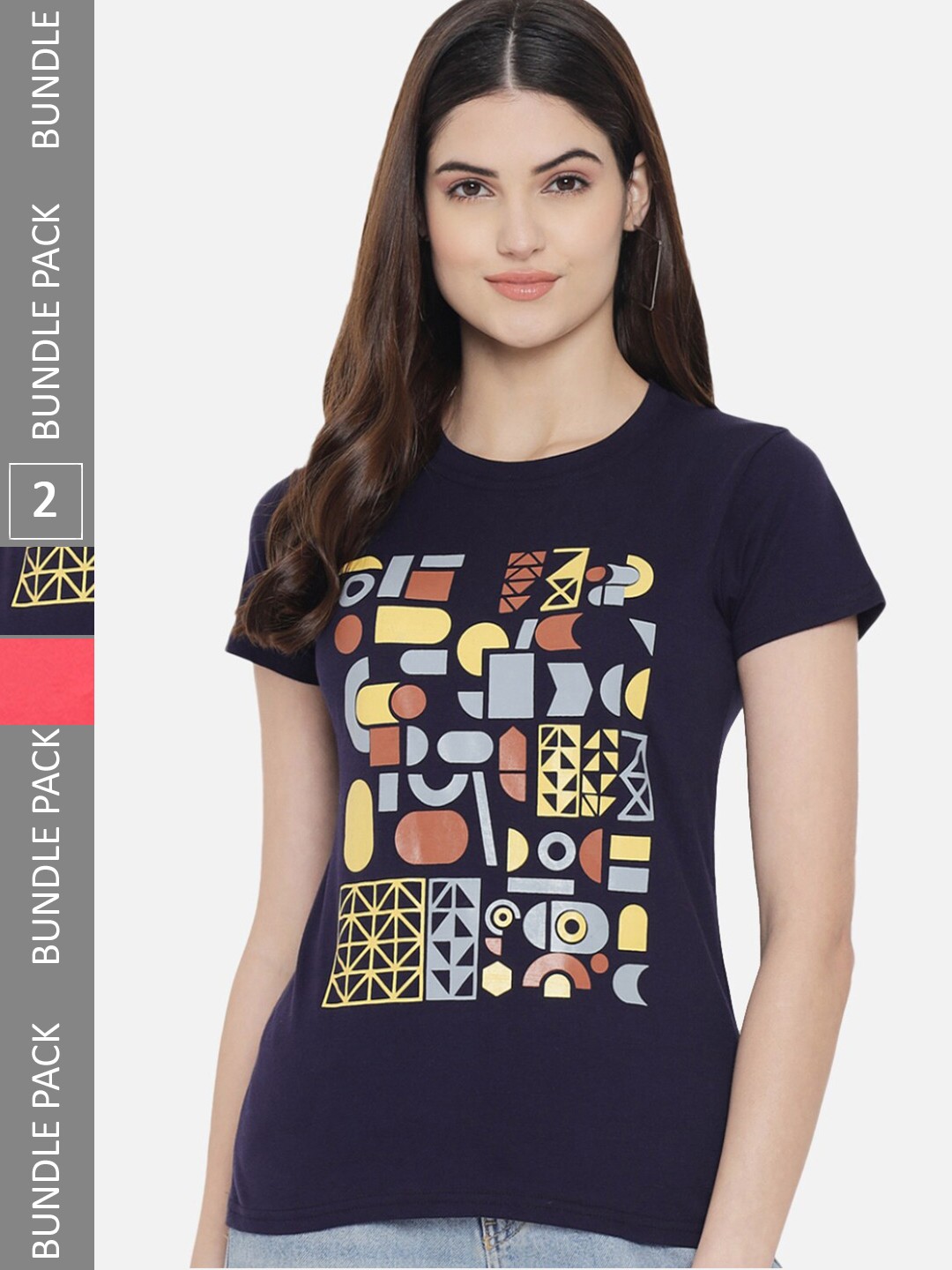 

BAESD Pack Of 2 Geometric Printed Cotton T-shirt, Navy blue