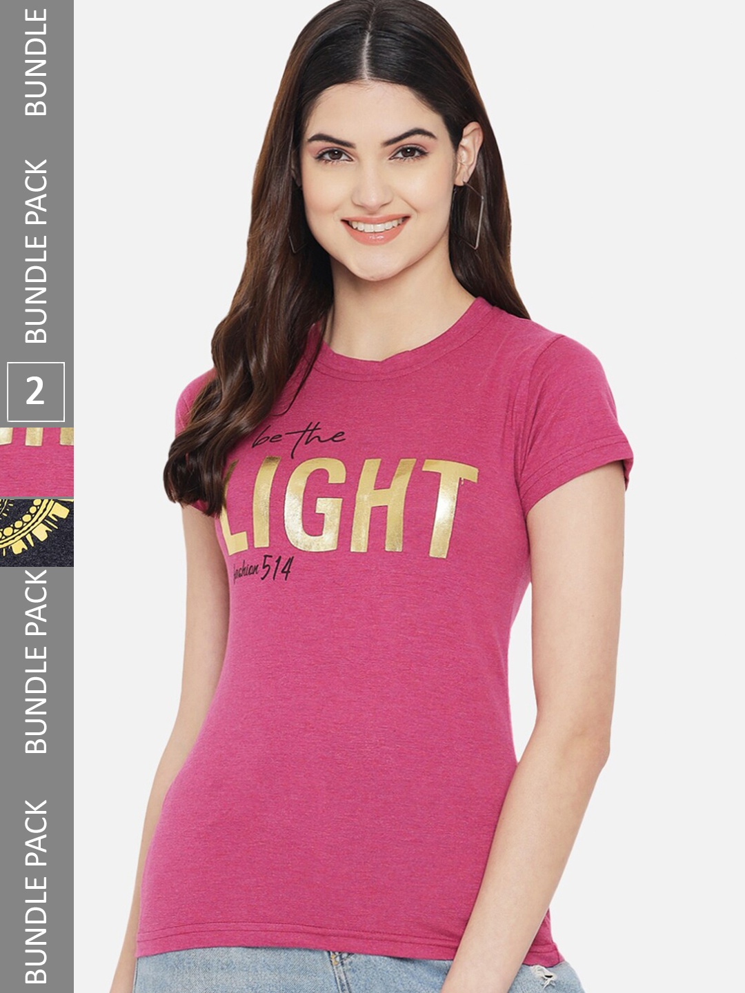 

BAESD Pack Of 2 Printed Cotton T-shirt, Pink
