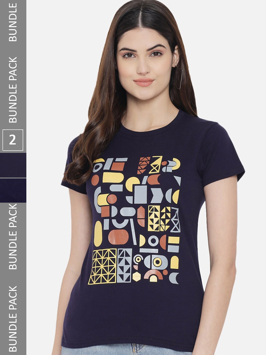 

BAESD Pack Of 2 Geometric Printed Cotton T-shirt, Navy blue