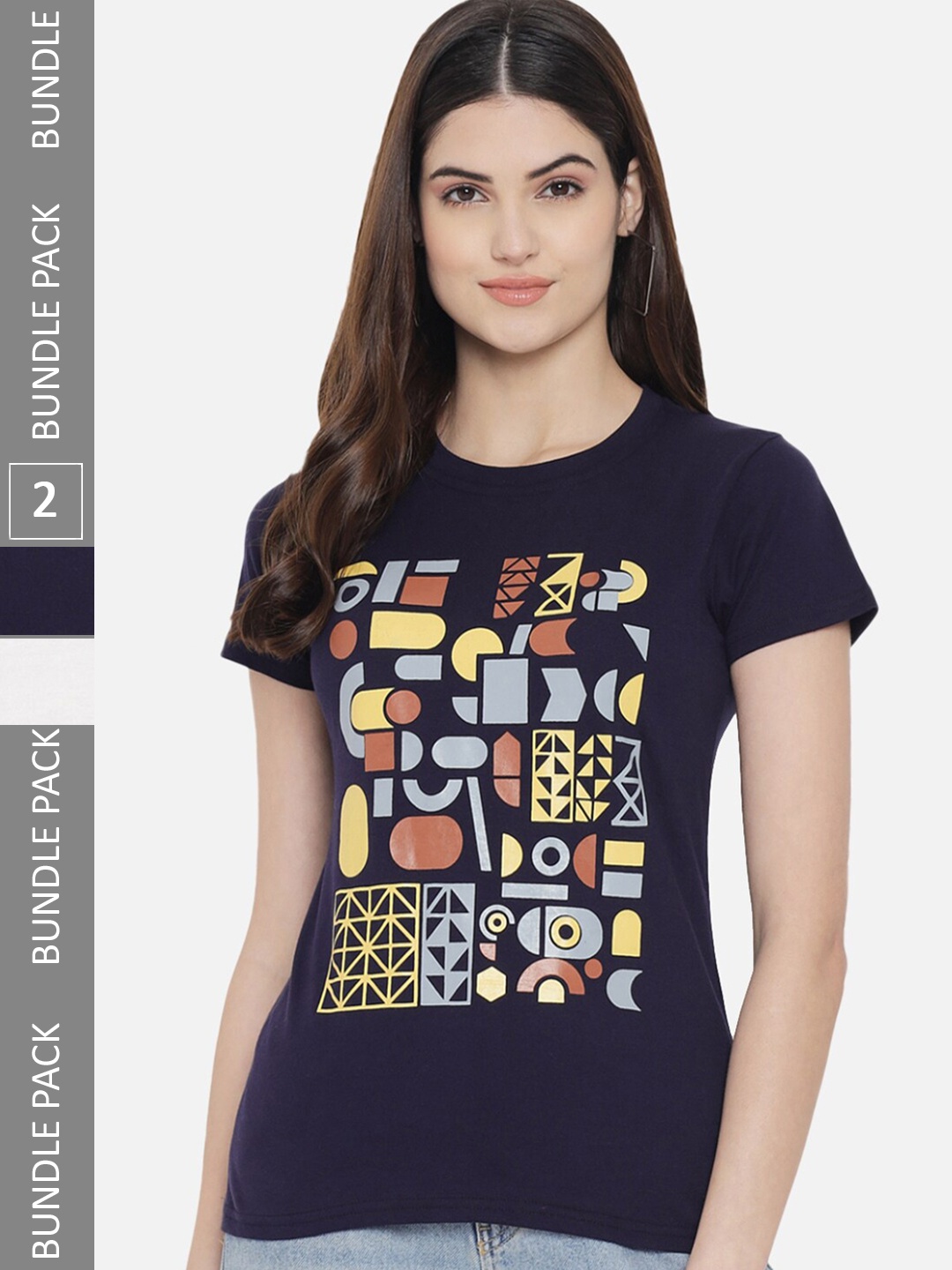 BAESD Pack Of 2 Geometric Printed Cotton T-shirt, Navy blue