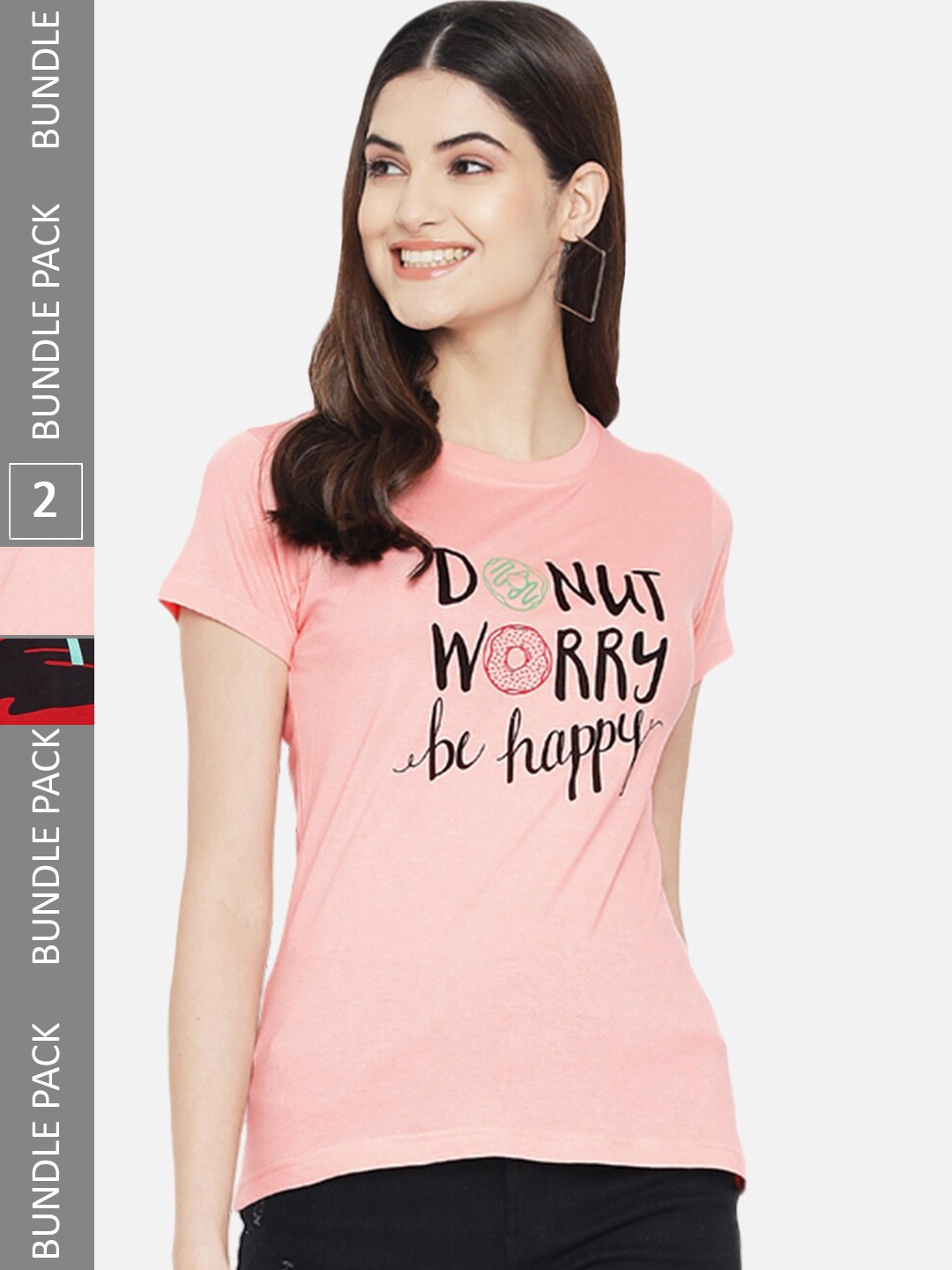 

BAESD Pack Of 2 Typography Printed Cotton T-shirt, Peach