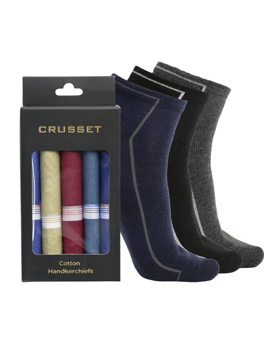 

CRUSSET Men Pack Of 3 Assorted Ankle-Length Socks With Pack Of 5 Handkerchiefs