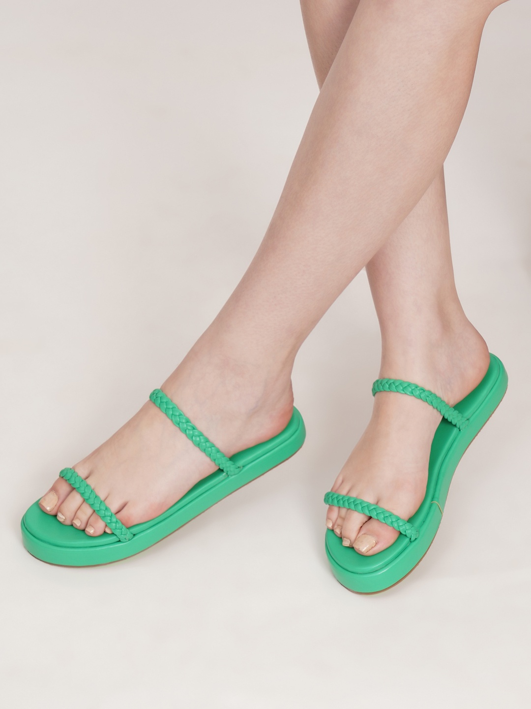 

HASTEN Braided Open Toe Flats, Green