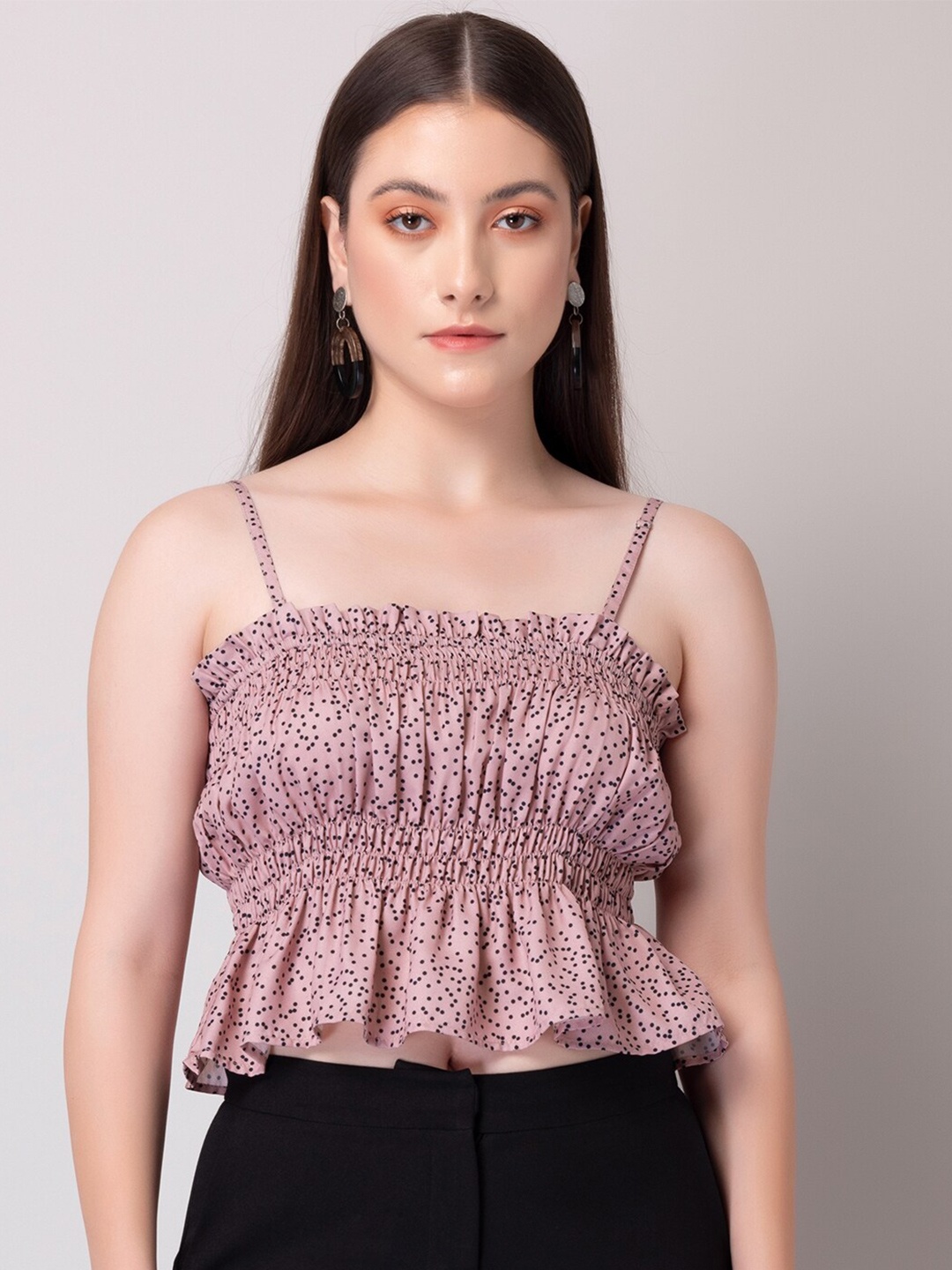 

FabAlley Polka Dots Printed Shoulder Straps Crop Top, Pink