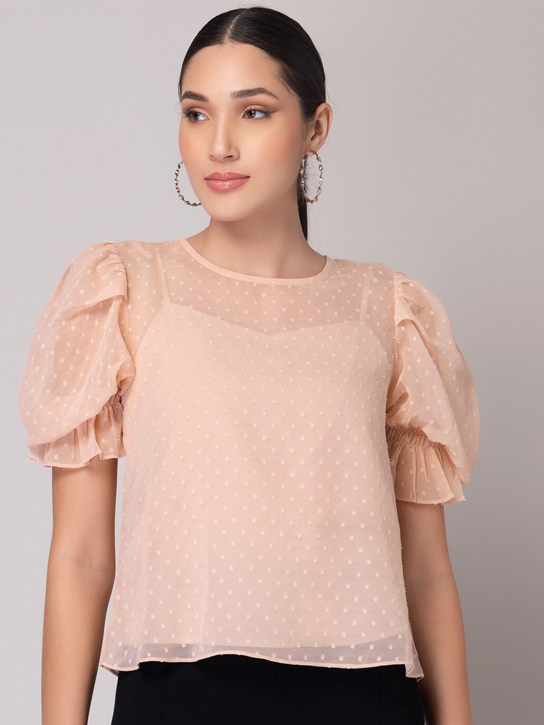 

FabAlley Self Design Puff Sleeve Top, Peach