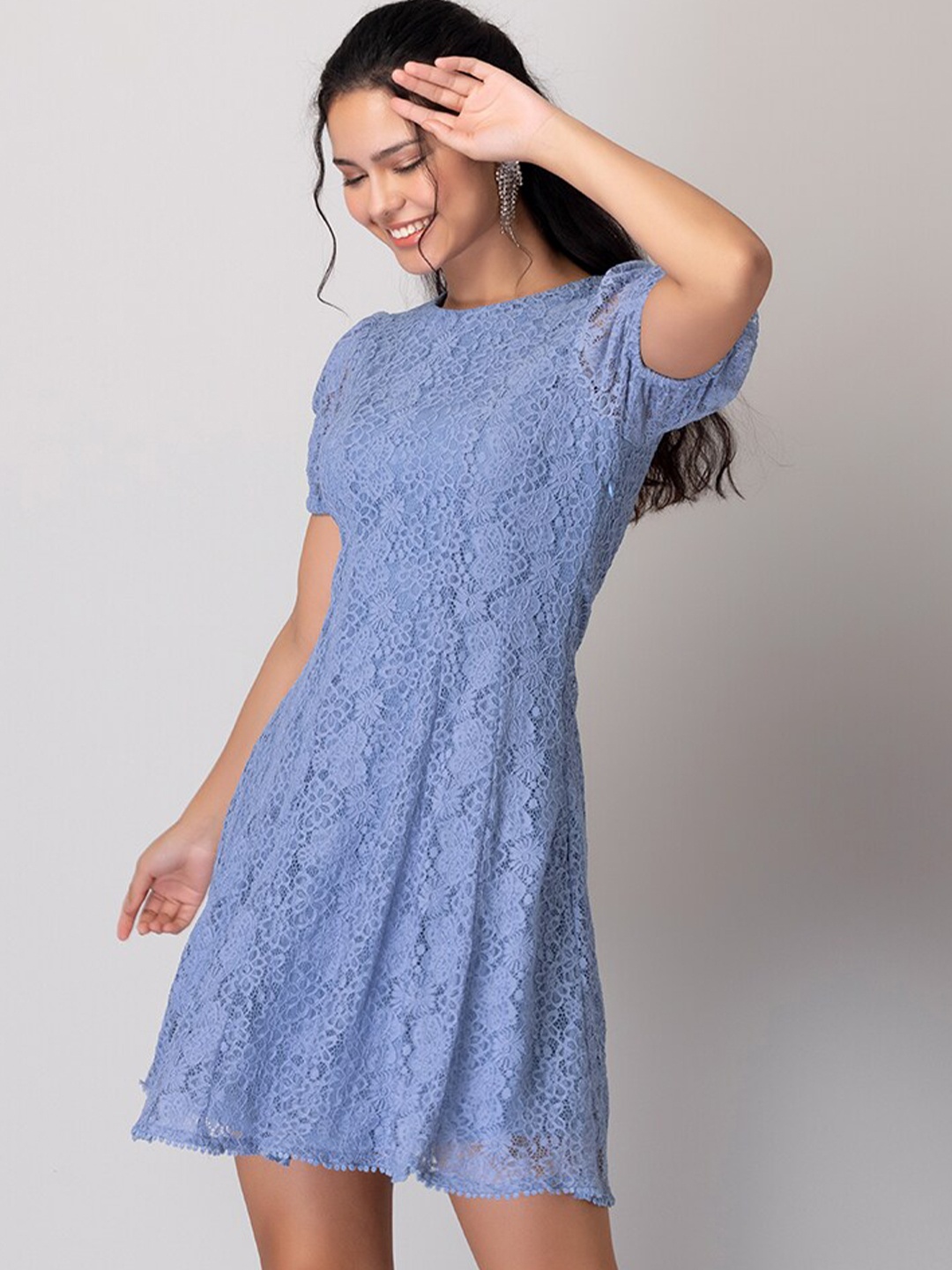 

FabAlley Self Design Puff Sleeves Lace A-Line Dress, Blue