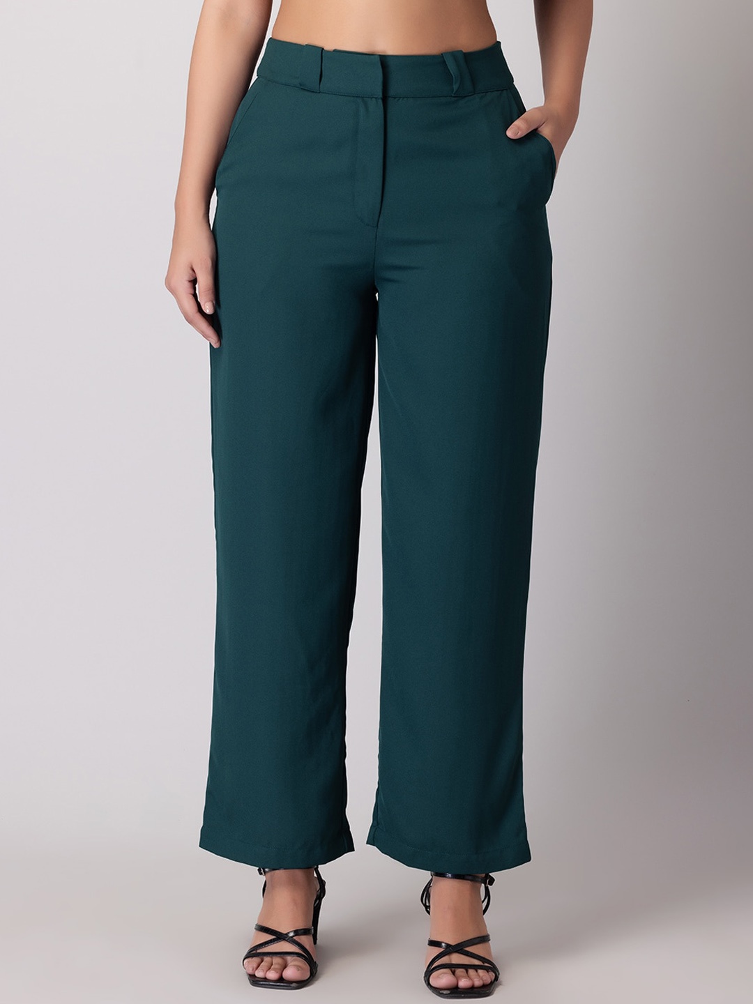

FabAlley Women Mid Rise Plain Parallel Trousers, Blue