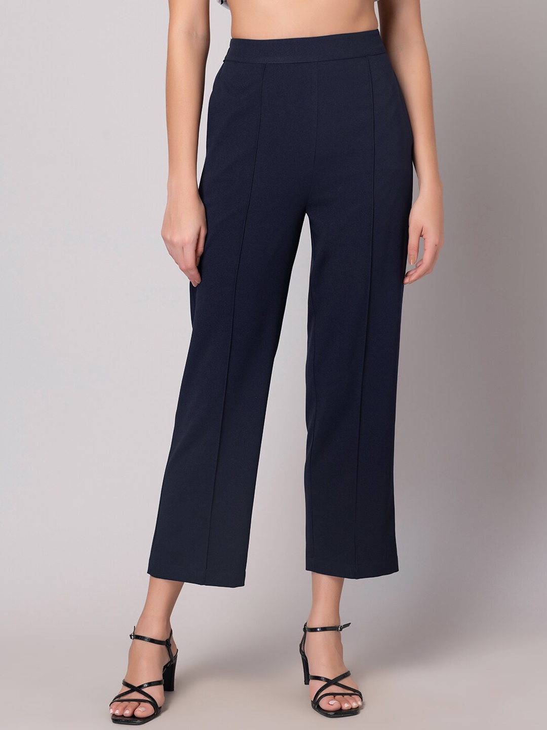 

FabAlley Women Mid Rise Straight Plain Parallel Trousers, Navy blue