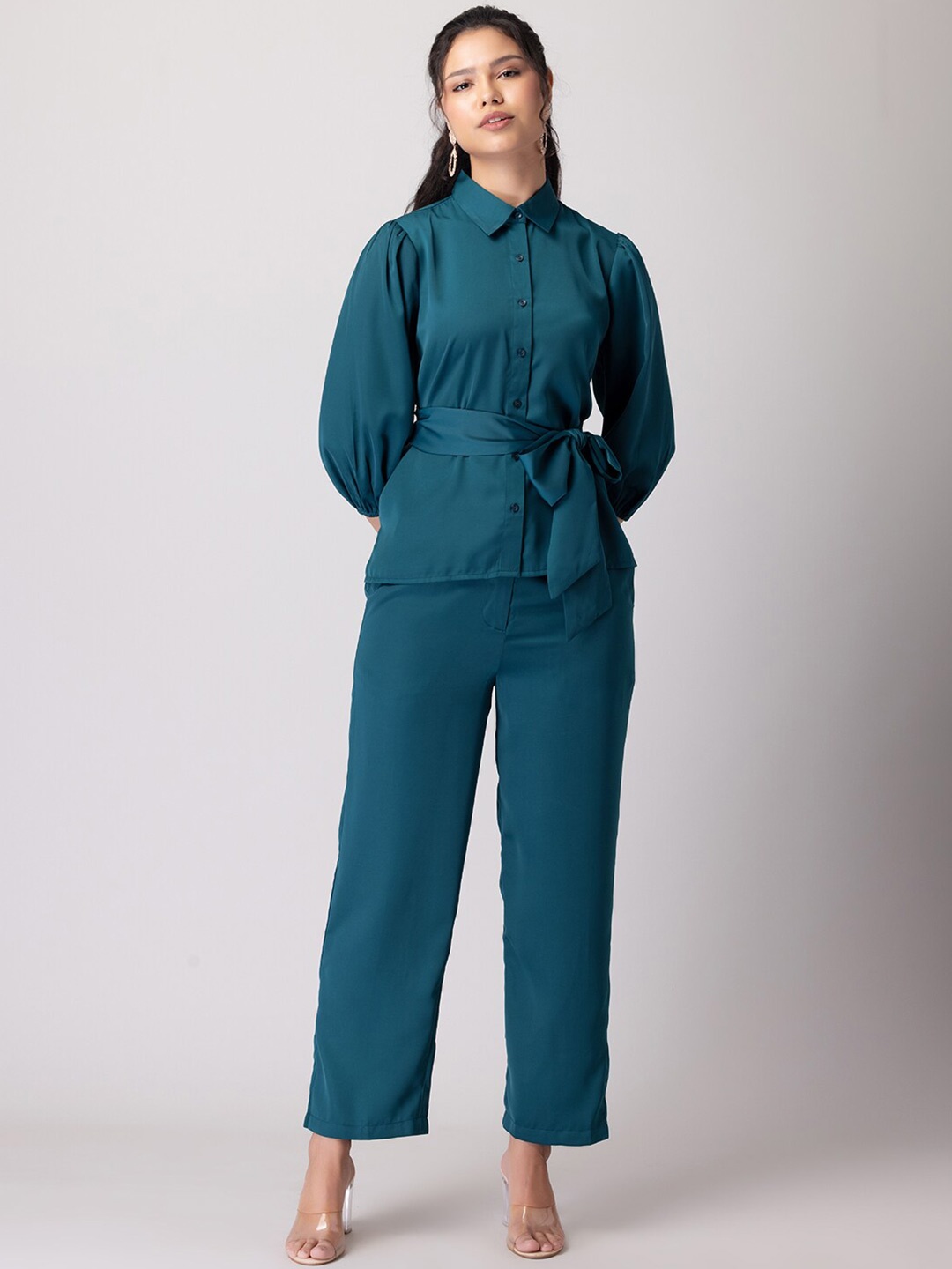 

FabAlley Teal Shirt Collar Puff Sleeves Shirt with Trousers