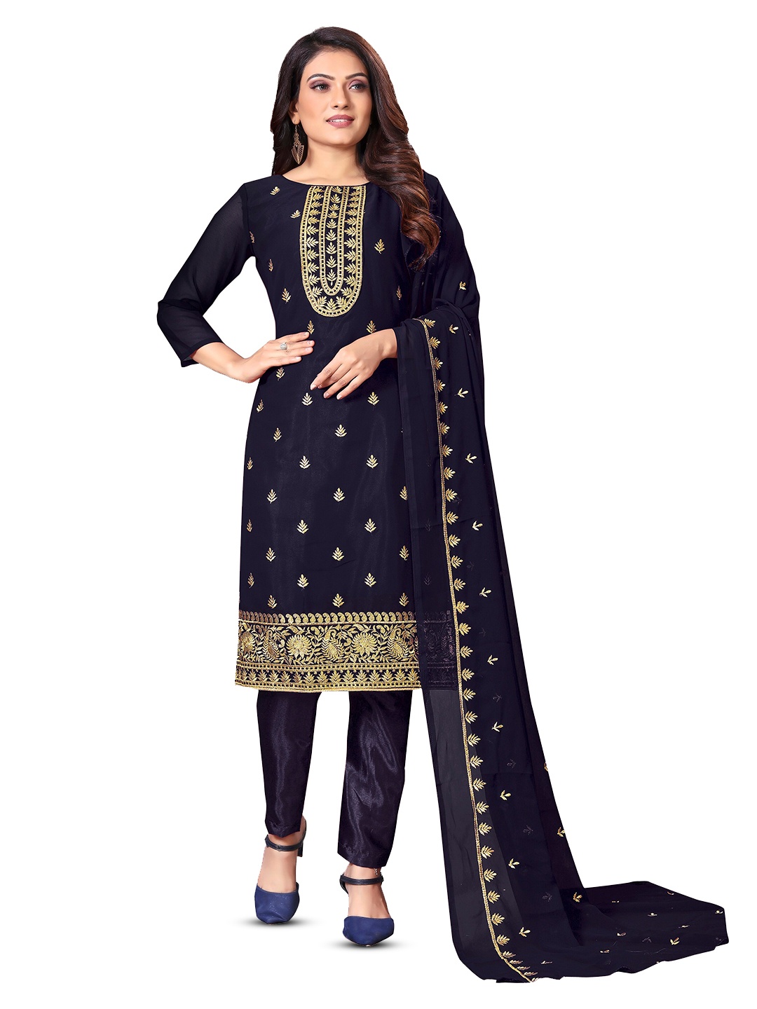 

MANVAA Ethnic Motifs Embroidered Unstitched Dress Material, Blue