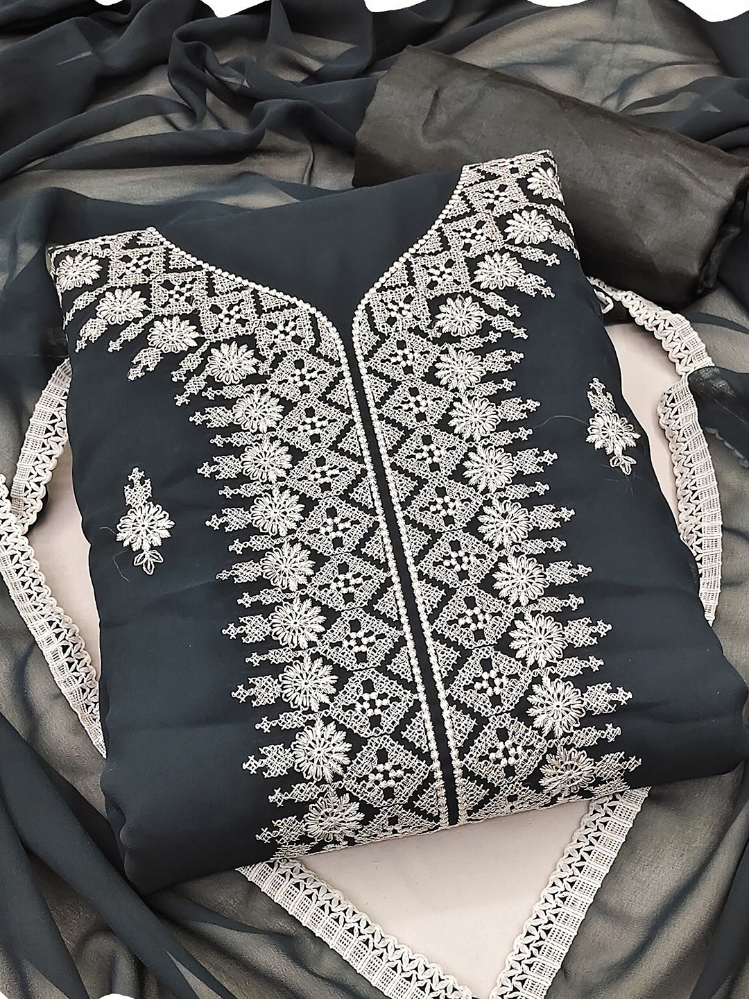 

MANVAA Embroidered Silk Georgette Unstitched Dress Material, Grey