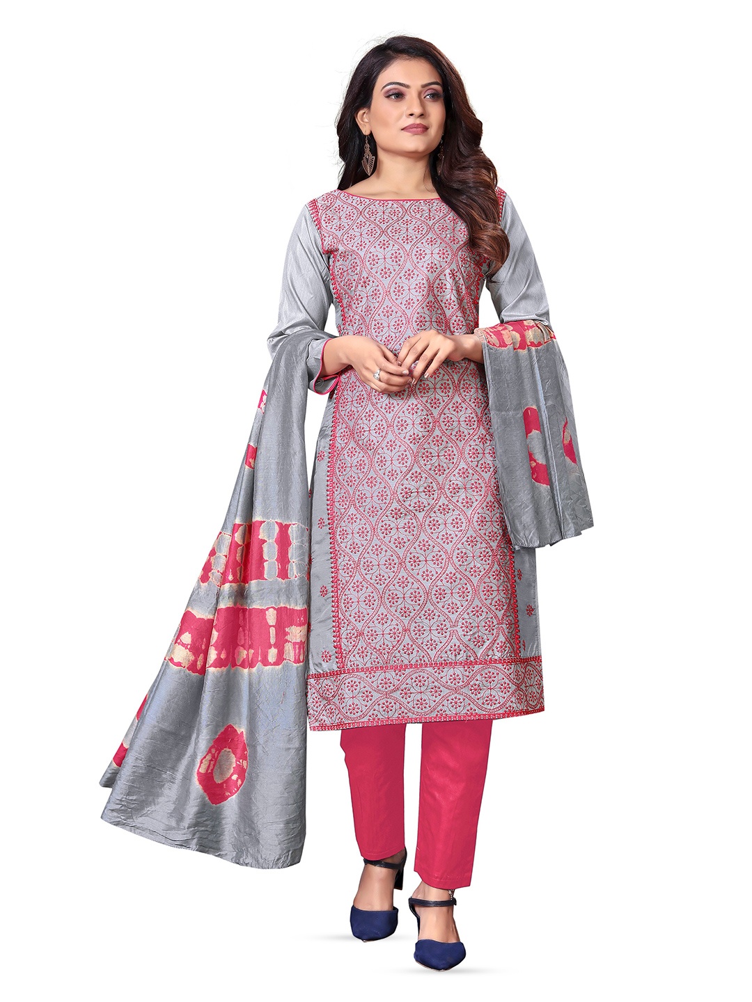 

MANVAA Embroidered Pure Silk Unstitched Dress Material, Grey