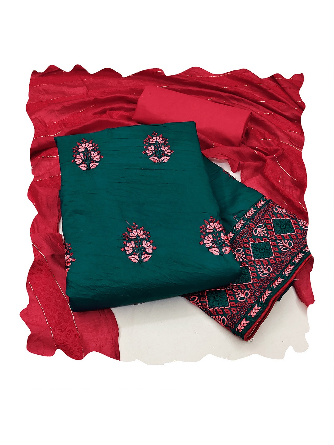 

MANVAA Floral Embroidered Pure Silk Unstitched Dress Material, Teal