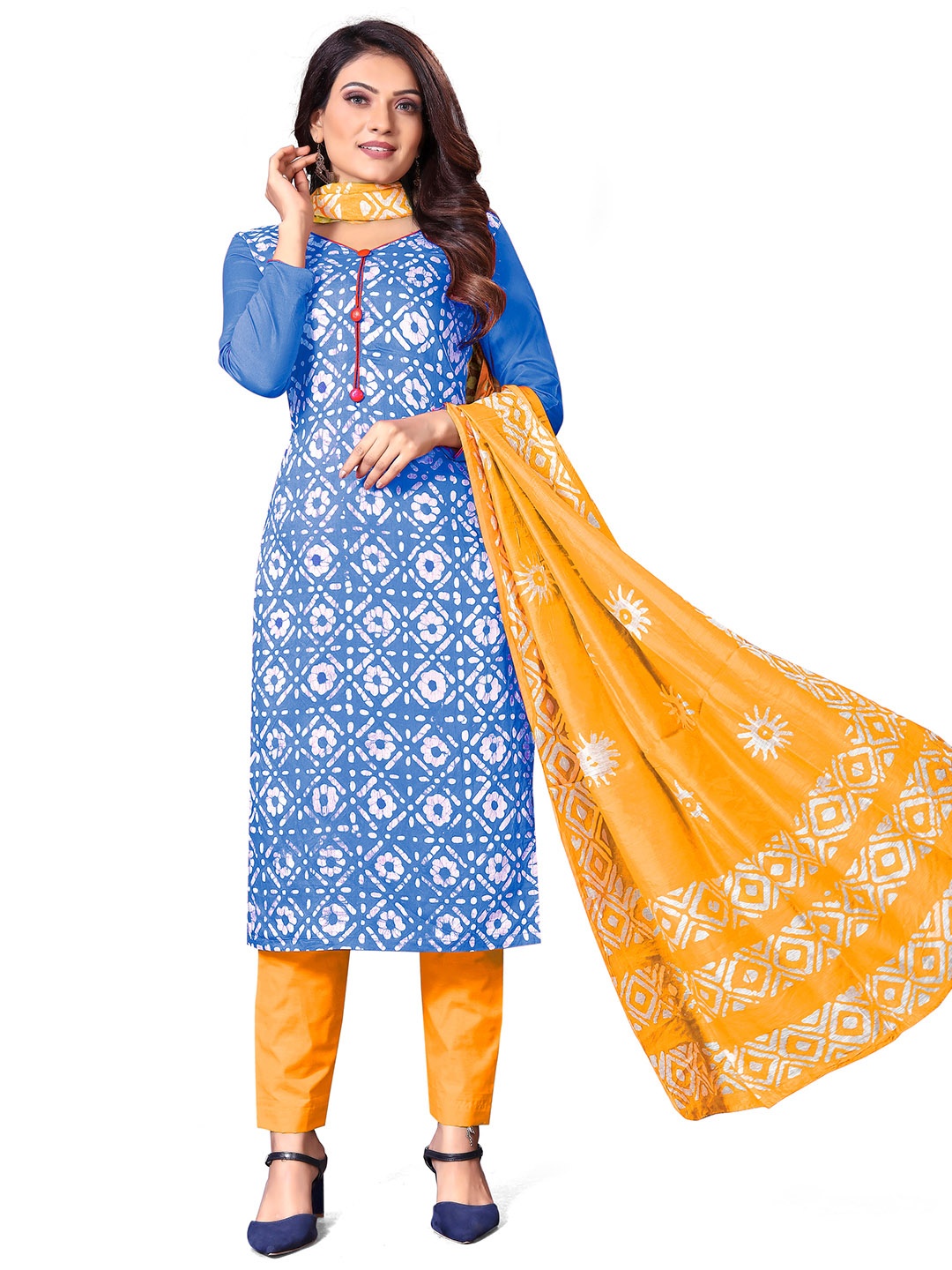 

MANVAA Blue & Yellow Printed Pure Cotton Unstitched Dress Material