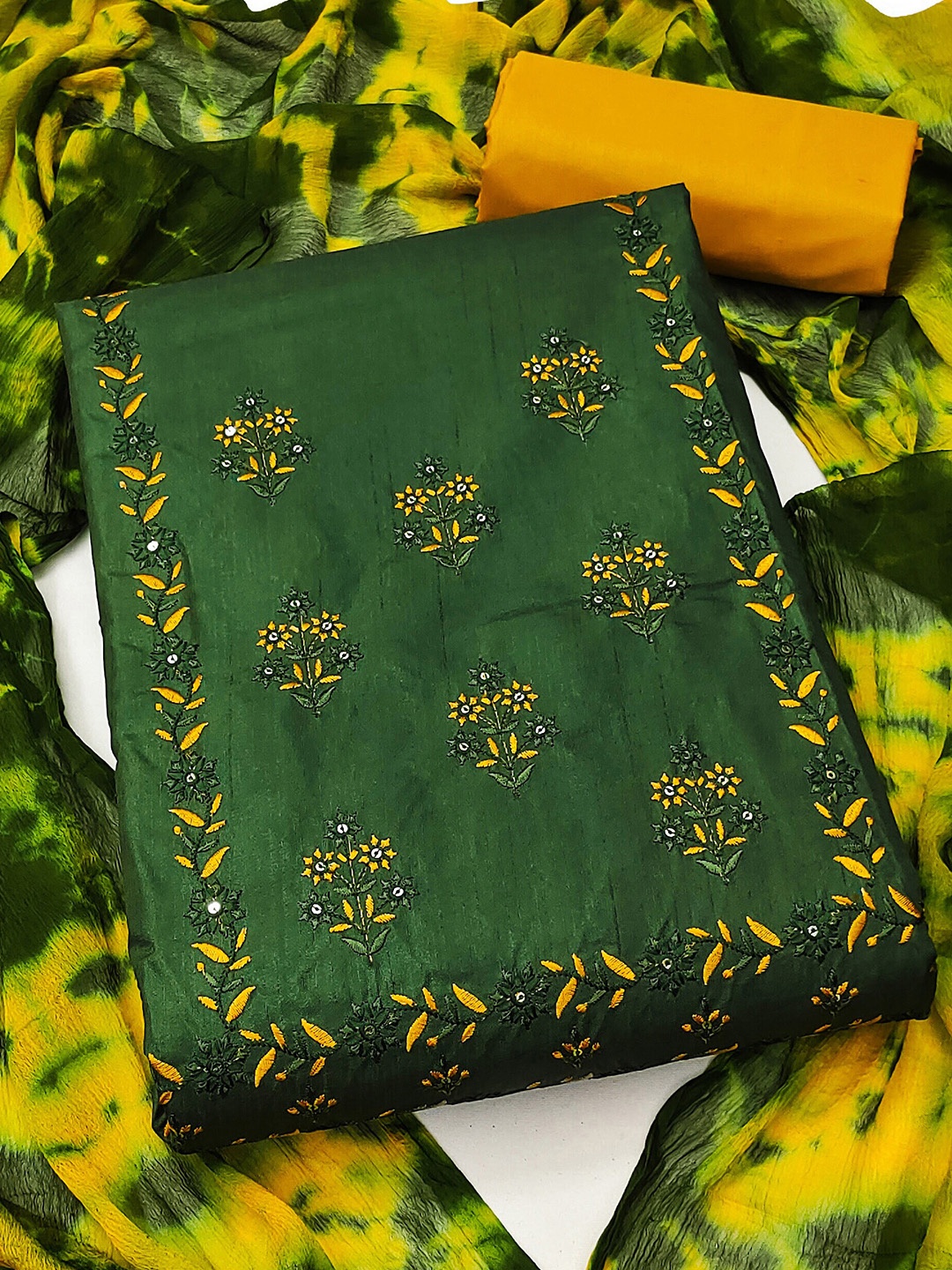 

MANVAA Embroidered Pure Silk Unstitched Dress Material, Green