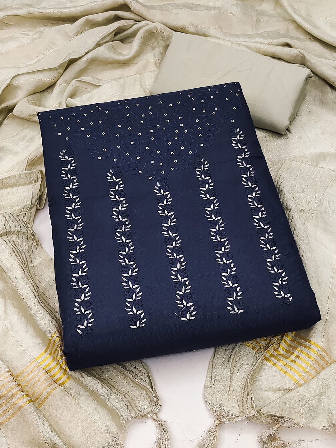 

MANVAA Embroidered Pure Cotton Unstitched Dress Material, Blue