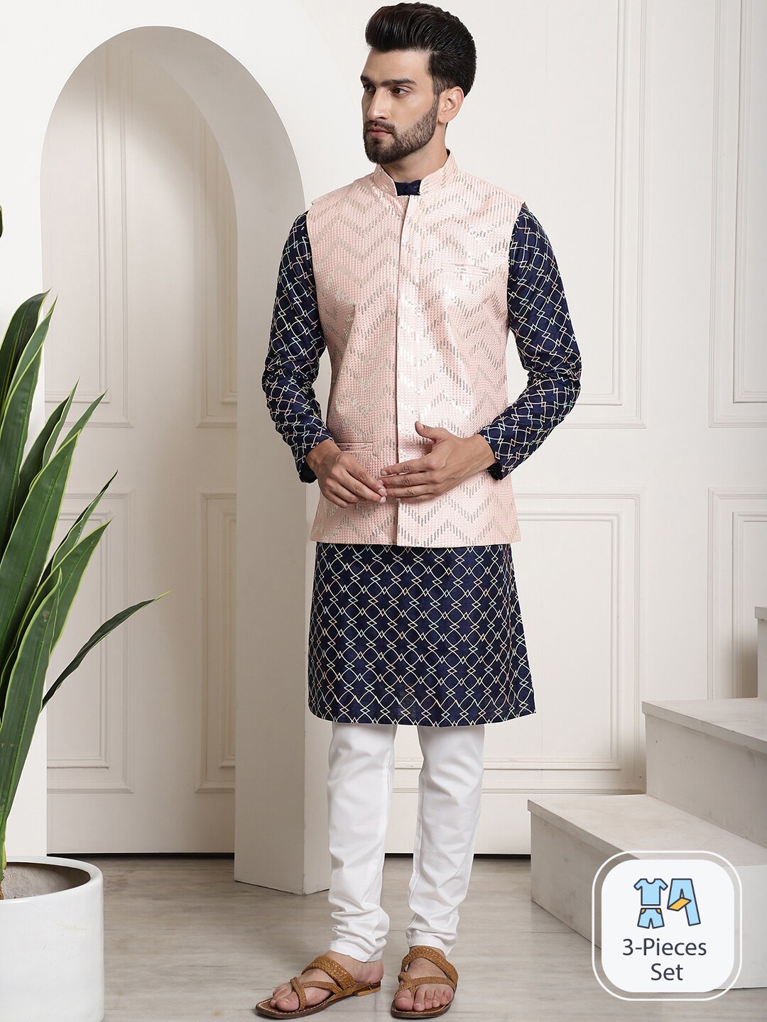 

SOJANYA Geometric Embroidered Kurta With Churidar & Nehru Jacket, Navy blue