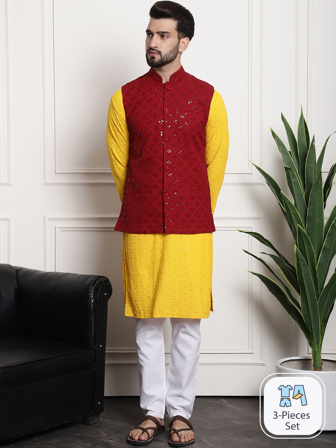 

SOJANYA Ethnic Motifs Embroidered Sequinned Pure Cotton Kurta With Churidar & Nehru Jacket, Mustard