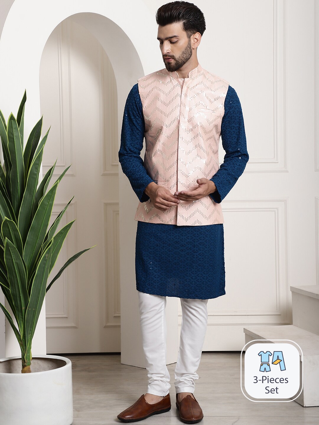 

SOJANYA Geometric Embroidered Pure Cotton Kurta With Churidar & Nehru Jacket, Navy blue