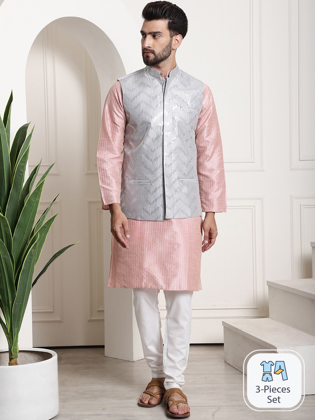 

SOJANYA Striped Embroidered Kurta With Churidar & Nehru Jacket, Pink