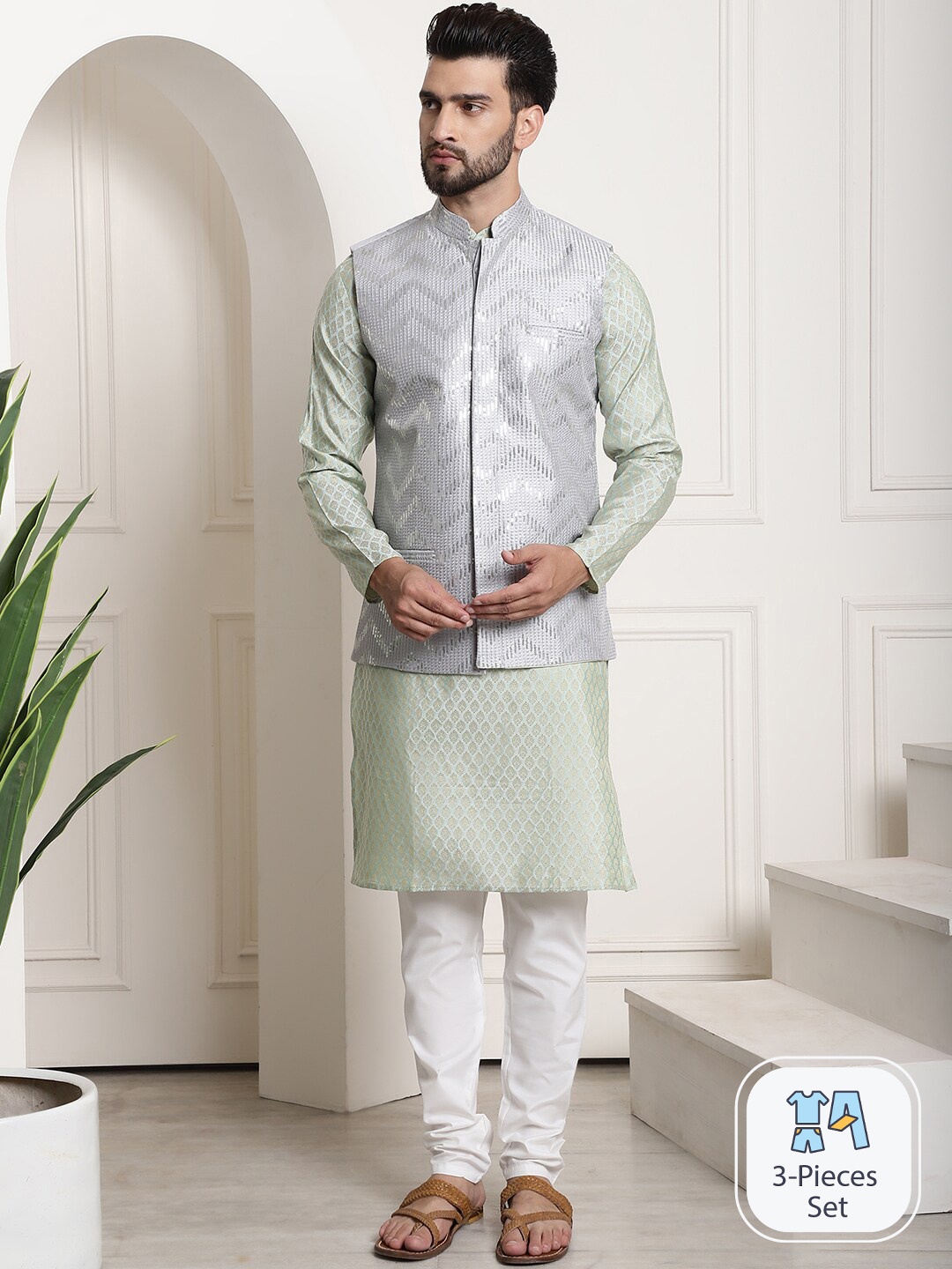 

SOJANYA Woven Design Sequinned Regular Kurta With Churidar & Nehru Jacket, Green