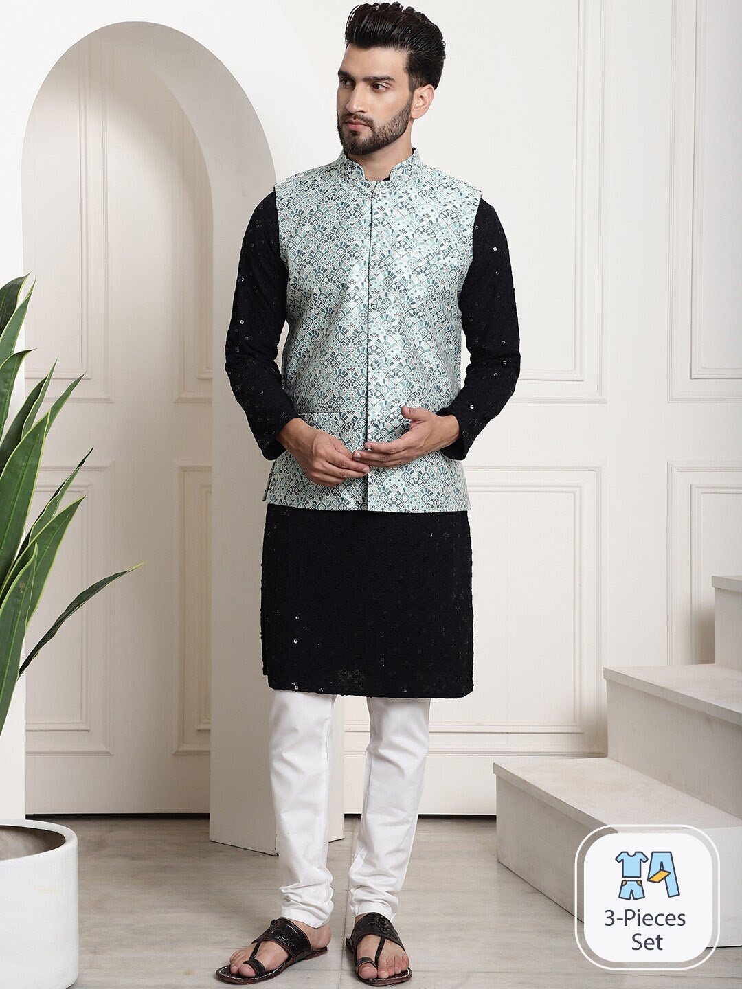 

SOJANYA Ethnic Motifs Embroidered Pure Cotton Kurta And Churidar With Nehru jacket, Black