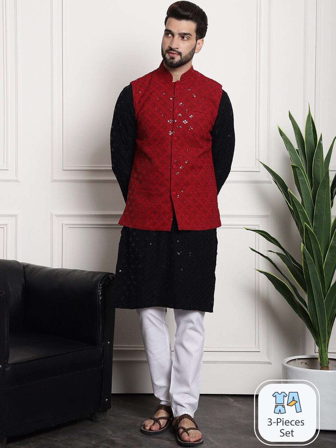 

SOJANYA Ethnic Motifs Embroidered Pure Cotton Kurta With Churidar With Nehru jacket, Black