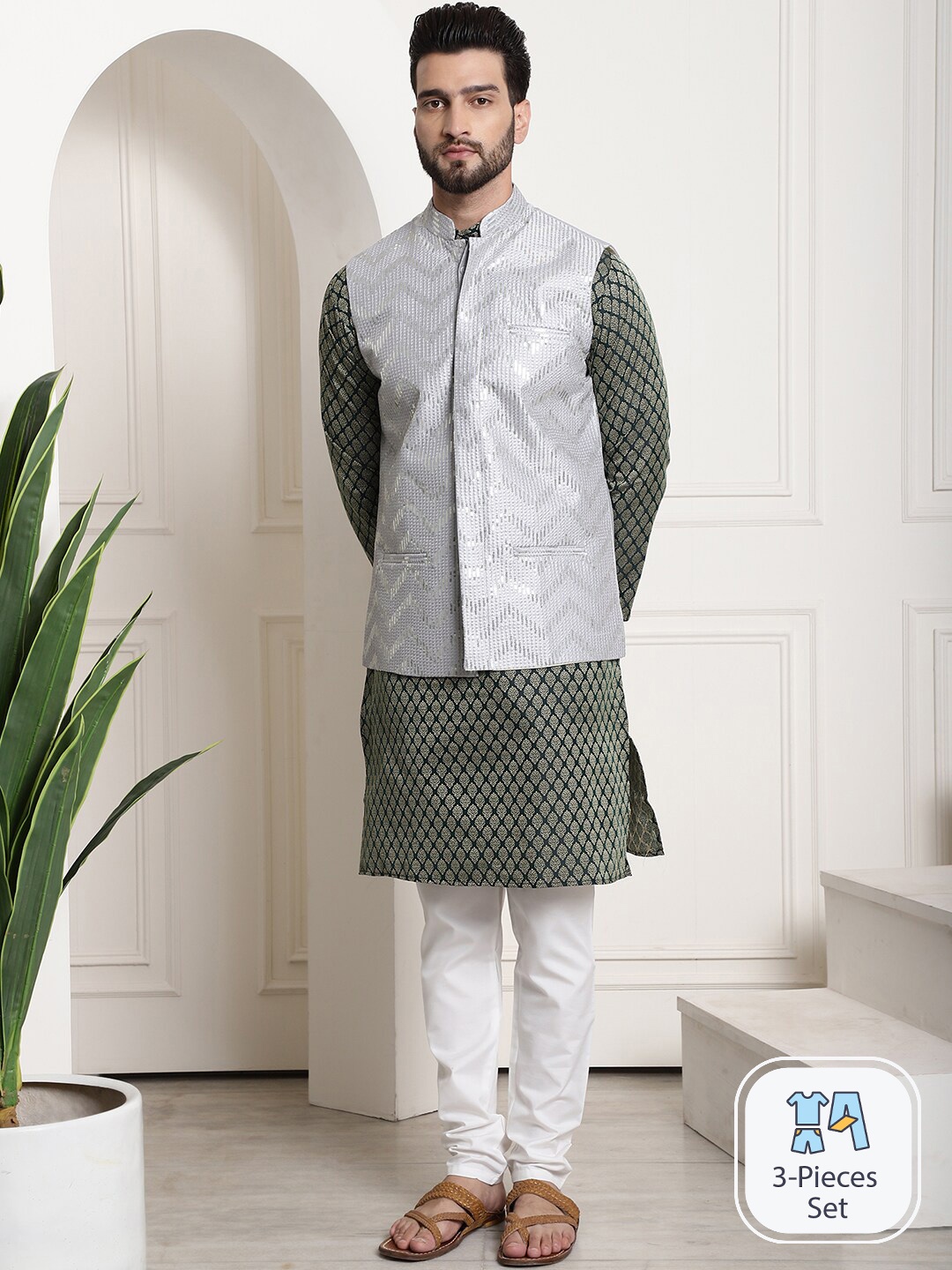 

SOJANYA Woven Design Sequinned Regular Kurta With Churidar & Nehru Jacket, Green