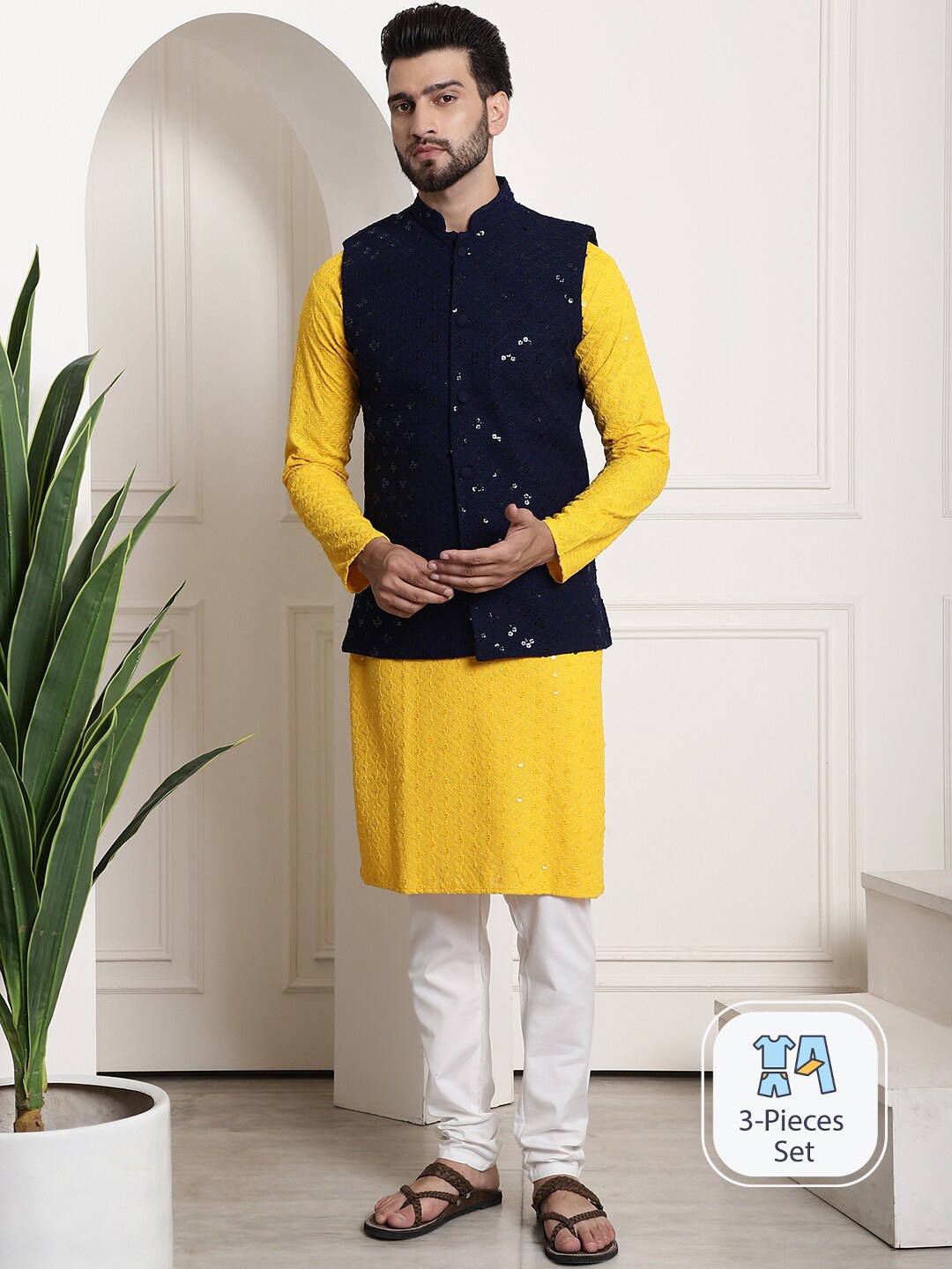 

SOJANYA Ethnic Motifs Embroidered Pure Cotton Kurta And Churidar With Nehru jacket, Mustard