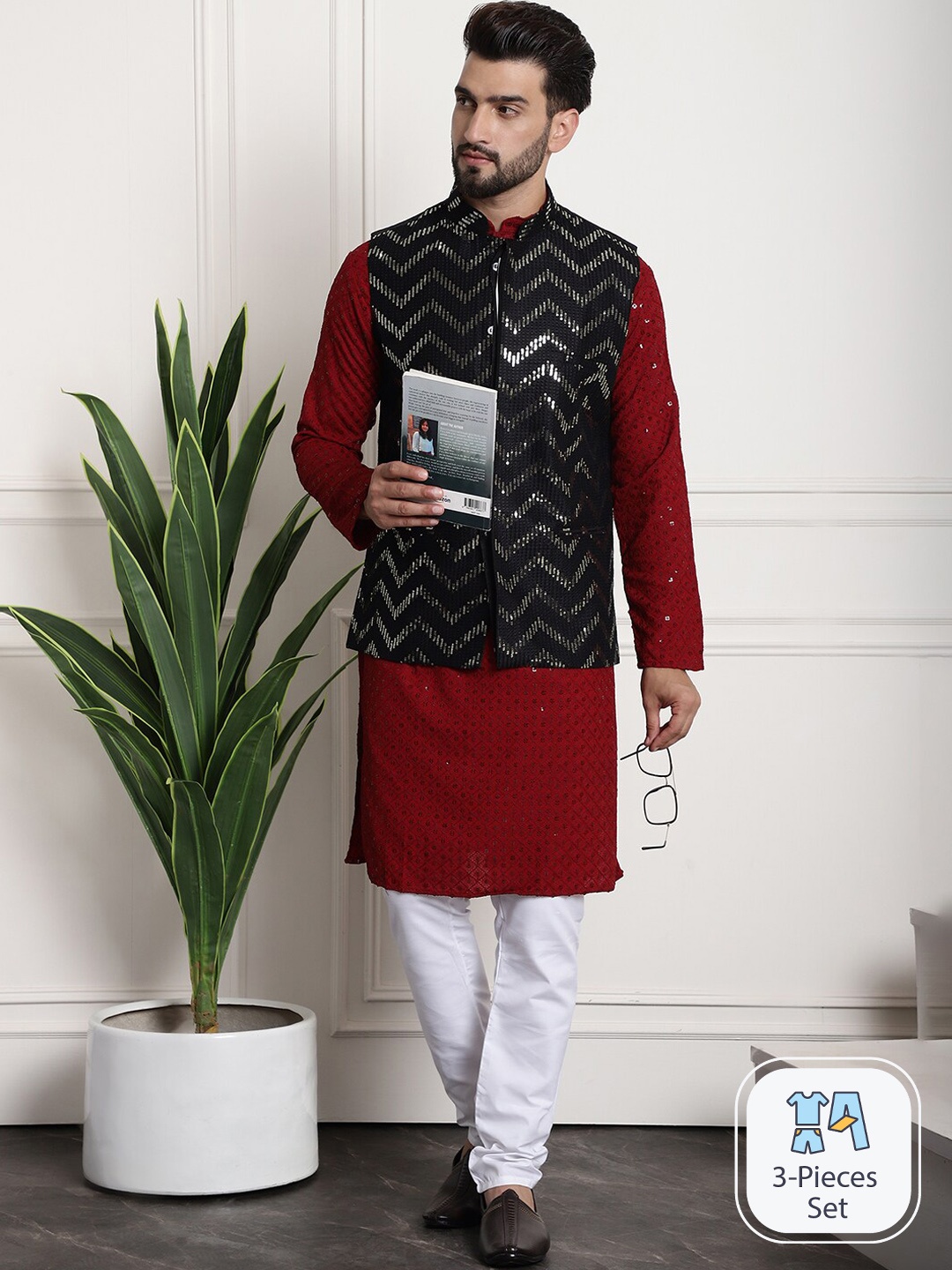 

SOJANYA Floral Embroidered Sequinned Pure Cotton Kurta & Churidar With Nehru Jacket, Maroon