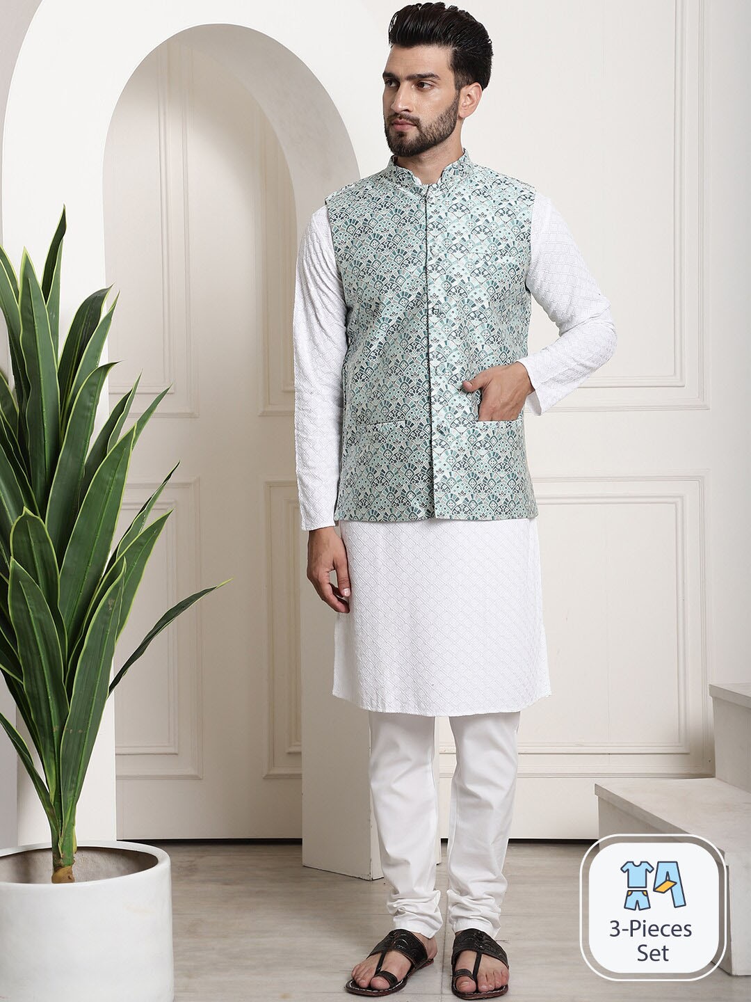 

SOJANYA Mandarin Collar Kurta With Churidar & Nehru Jacket, White