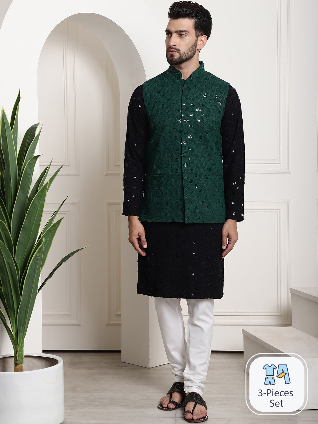 

SOJANYA Floral Embroidered Pure Cotton Sequinned Kurta With Churidar & Nehru Jacket, Black