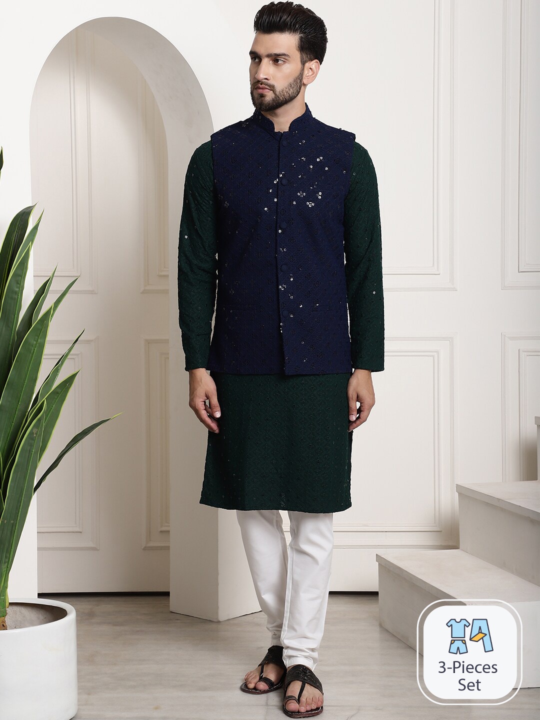 

SOJANYA Ethnic Motifs Embroidered Pure Cotton Kurta And Churidar With Nehru jacket, Green