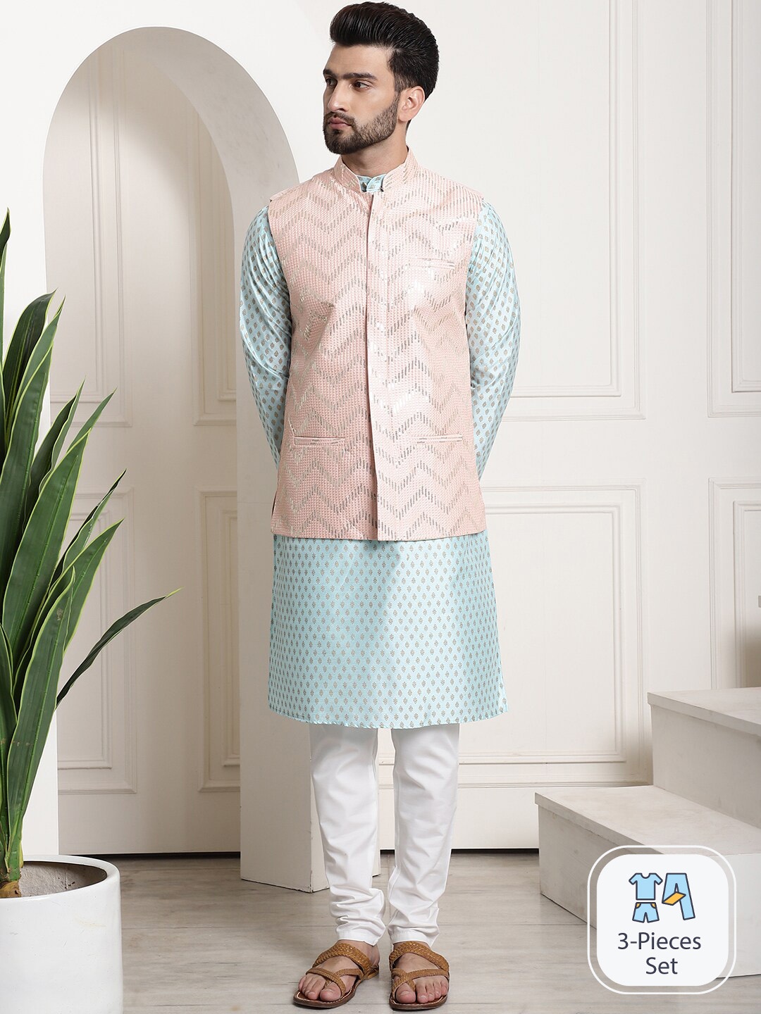 

SOJANYA Ethnic Motifs Printed Kurta With Churidar & Nehru Jacket, Blue