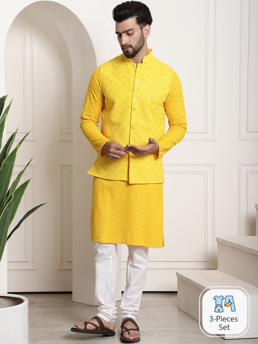 

SOJANYA Ethnic Motifs Embroidered Pure Cotton Kurta With Churidar With Nehru jacket, Mustard