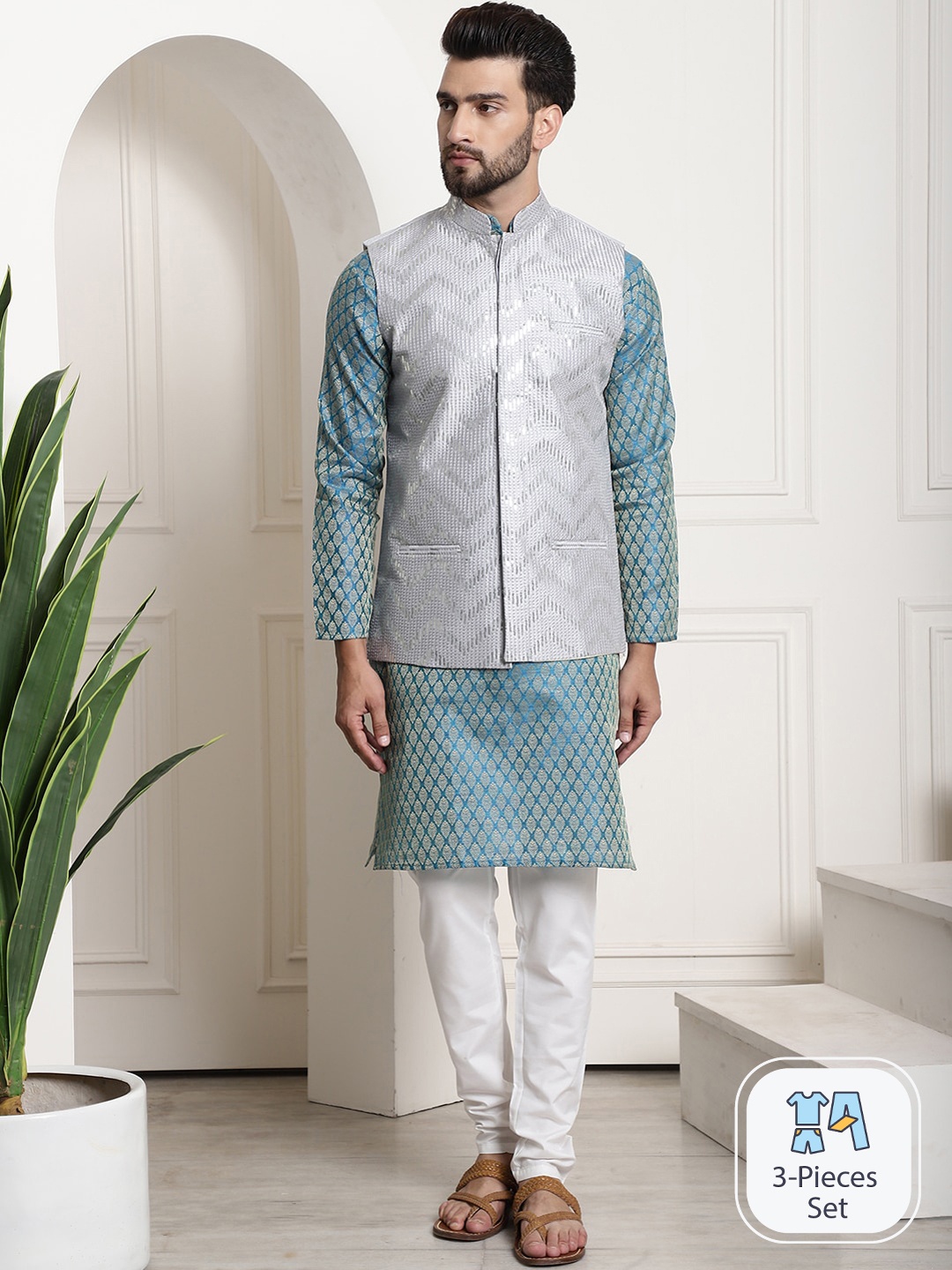 

SOJANYA Ethnic Woven Design Jacquard Silk Cotton Kurta With Churidar & Nehru Jacket, Blue