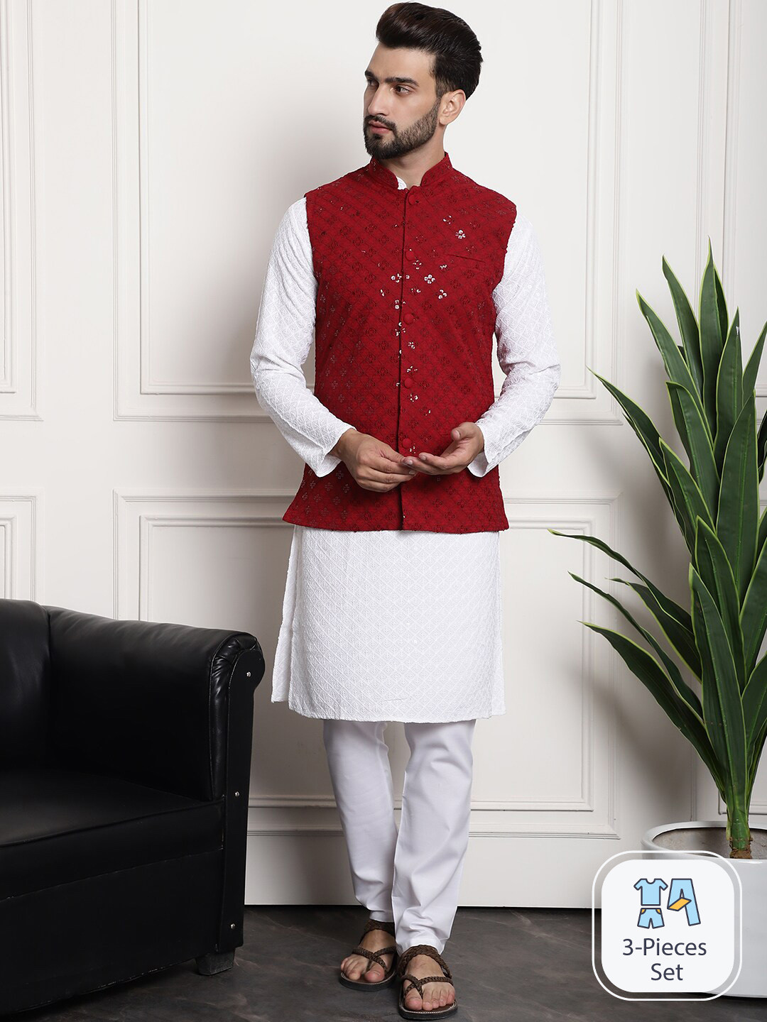 

SOJANYA Ethnic Motifs Embroidered Pure Cotton Kurta And Churidar With Nehru jacket, White