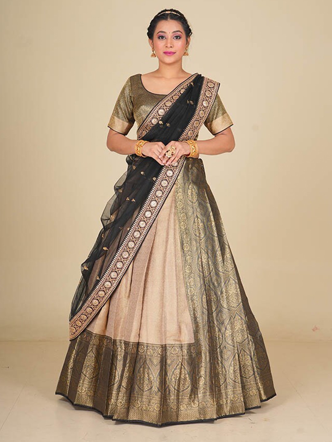 

HALFSAREE STUDIO Semi-Stitched Lehenga & Unstitched Blouse With Dupatta, Black